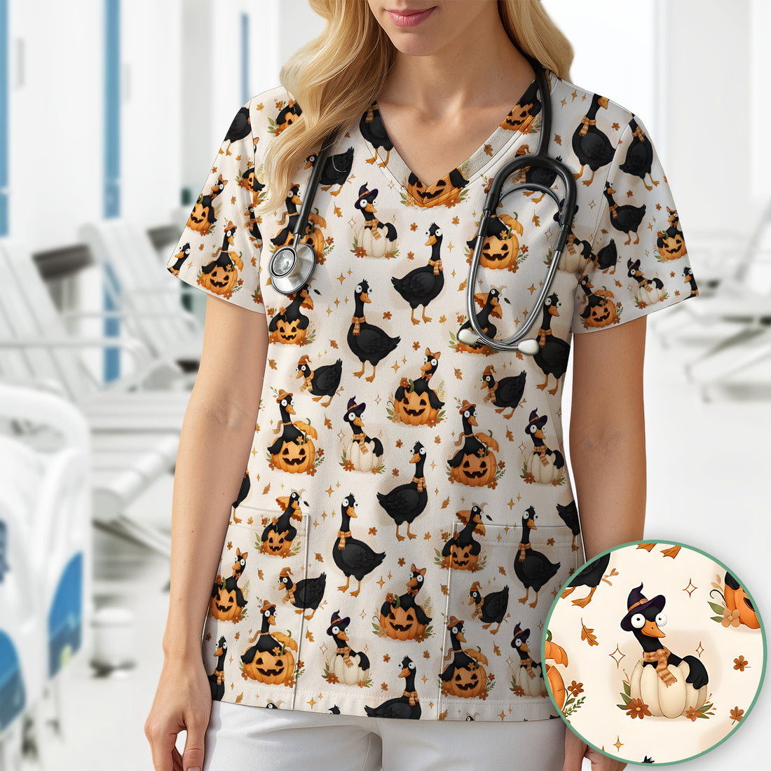 Pumpkin Black Goose Print Scrub Top, Comfortable Scrubs for Nurses