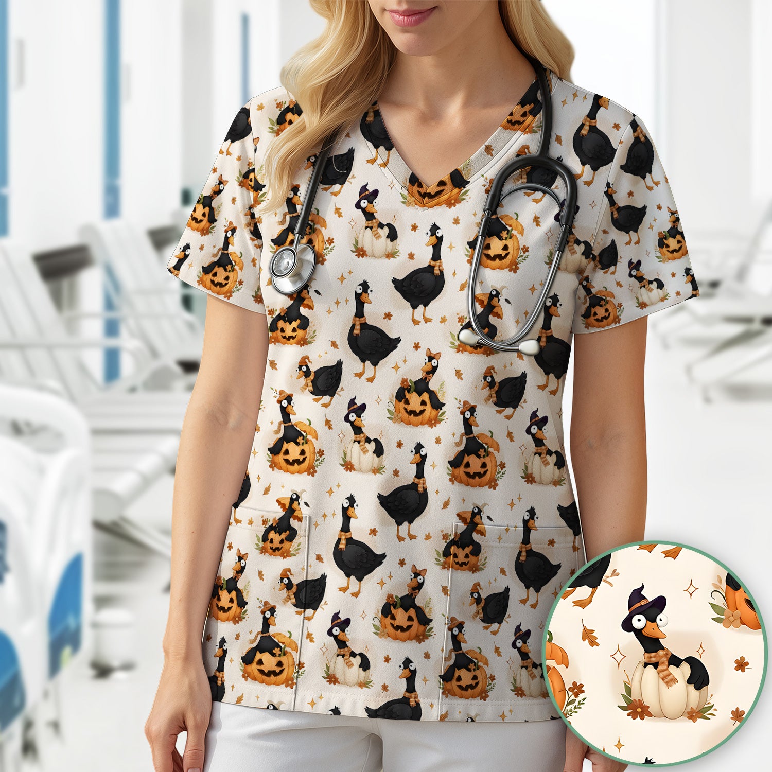 Pumpkin Black Goose Print Scrub Top, Comfortable Scrubs for Nurses