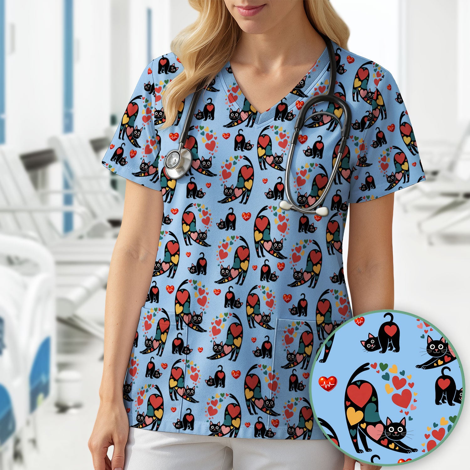 Playful Cat Valentine Heart Print Nurse Scrub Top, Comfortable Scrubs for Nurses