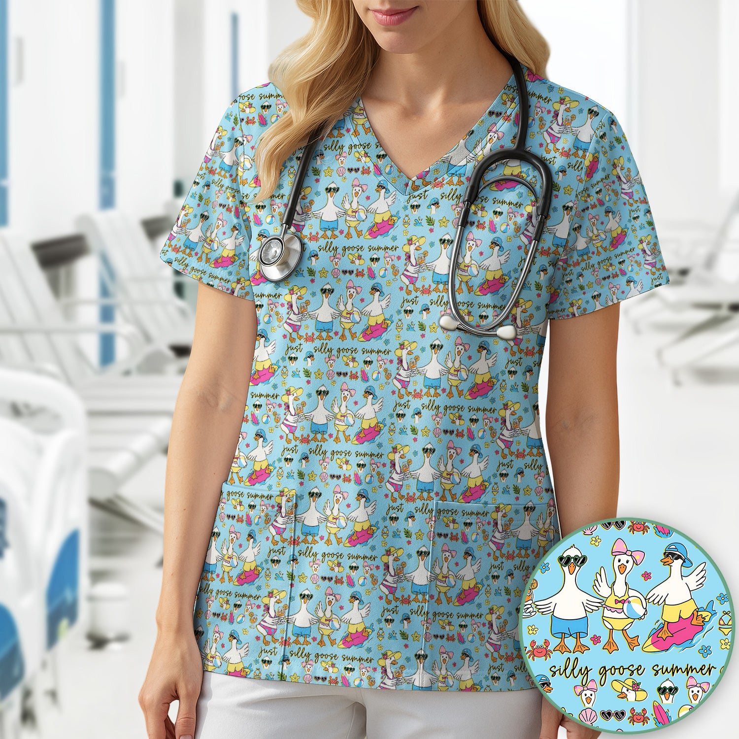Silly Goose Summer Pattern Scrub Top, Breathable Fabrics Nursing Uniform
