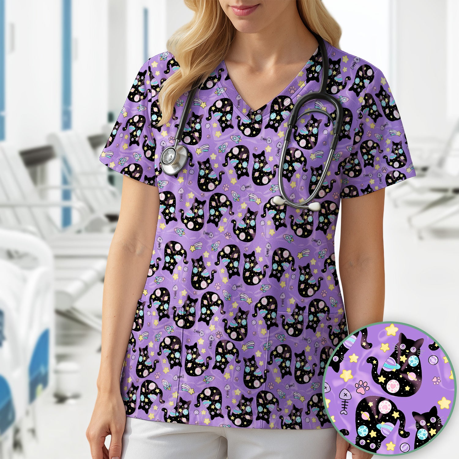 Galaxy Black Cat Space Pattern Scrub Top, Breathable Fabrics Nursing Uniform