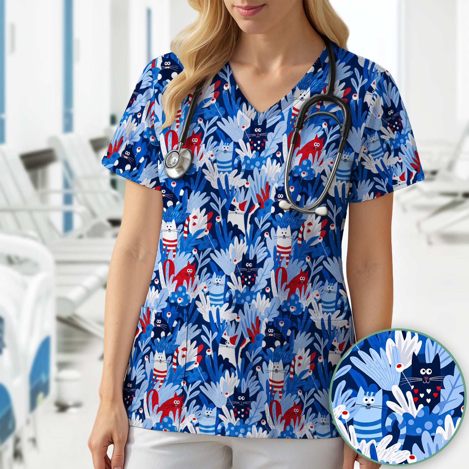 Cute Cats Among Blue Foliage Pattern Scrub Top, Comfortable Scrubs for Nurses
