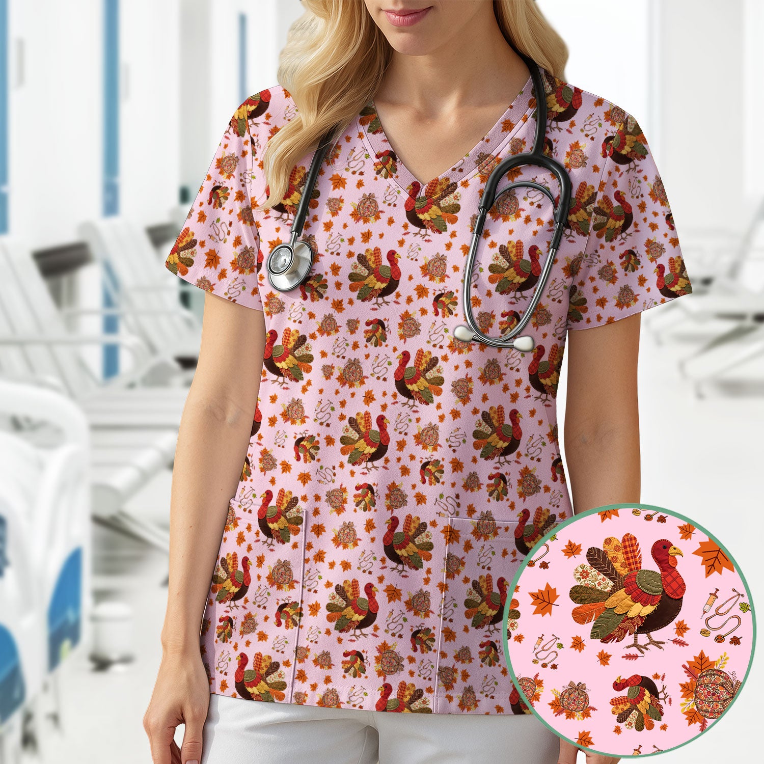 Thanksgiving Turkey Nurse Scrub Top for Women - Fall Leaves Pattern Shirts - Autumn Nursing Uniform Gift for RN LPN CNA