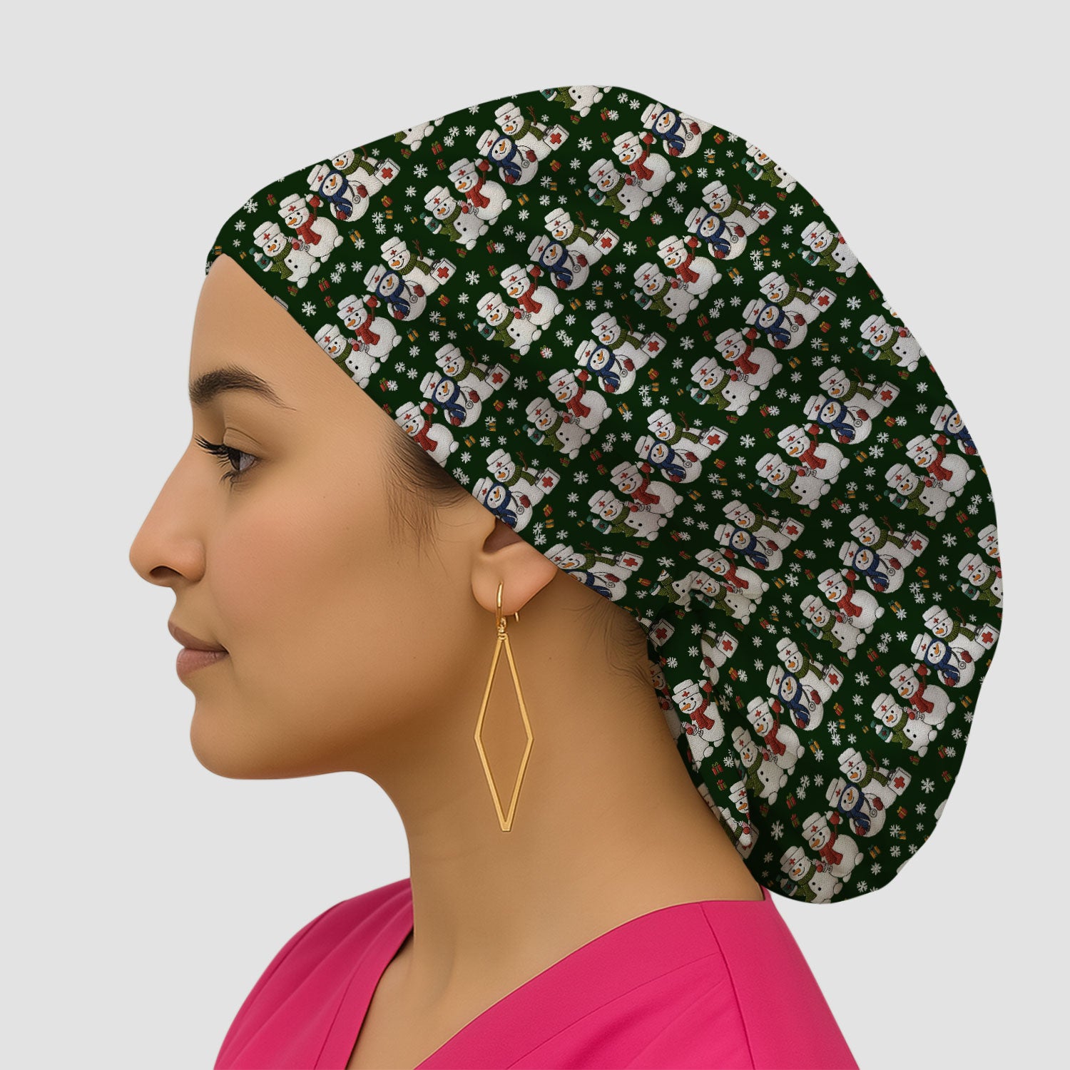 Cute Christmas Snowman Nurse Pattern Print Cap, Bouffant Scrub Caps for Women