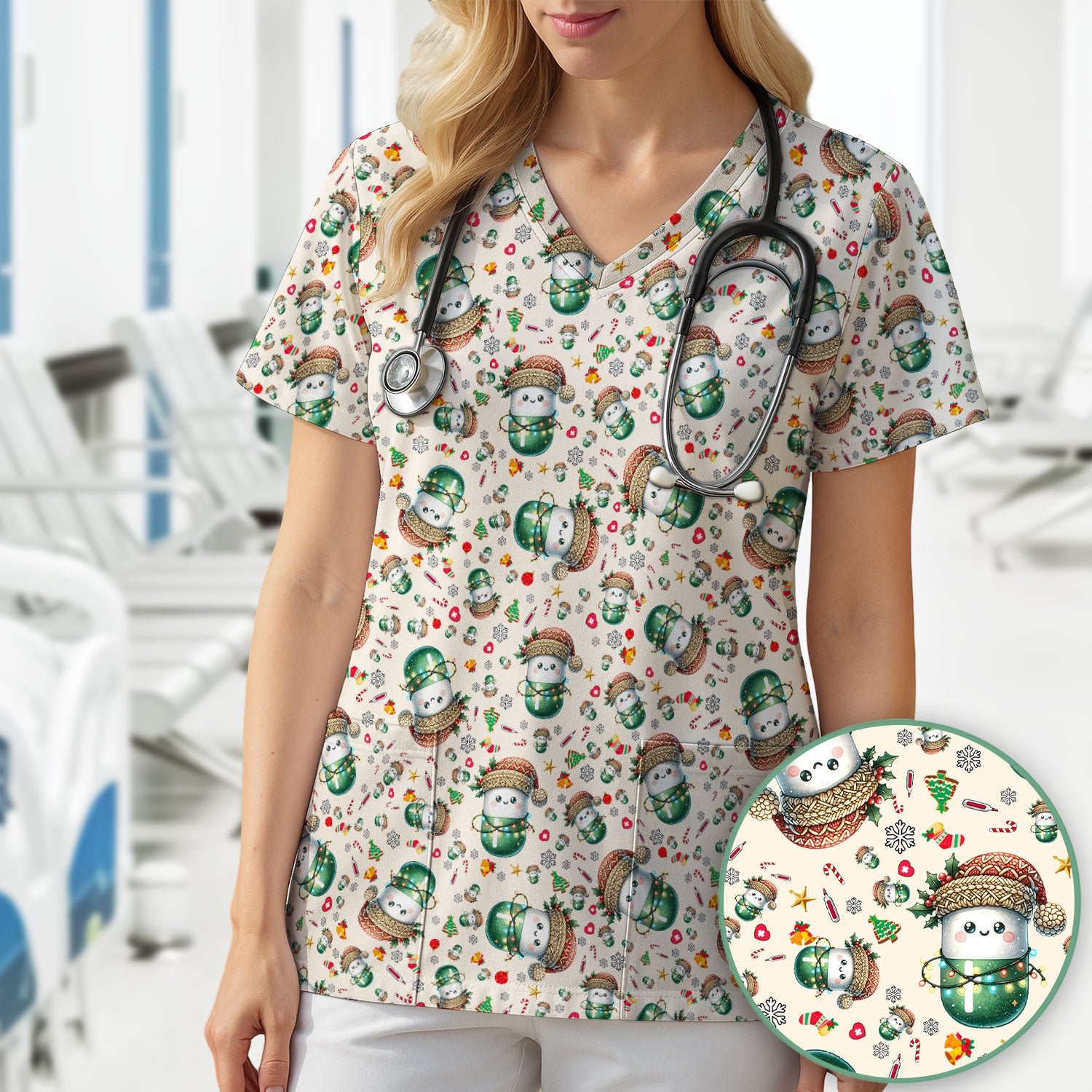 Pharmacy Tech Christmas Scrub Top – Cute Green Snowman Print Nurse Outfit – Funny Holiday Medical Uniform for Pharmacists