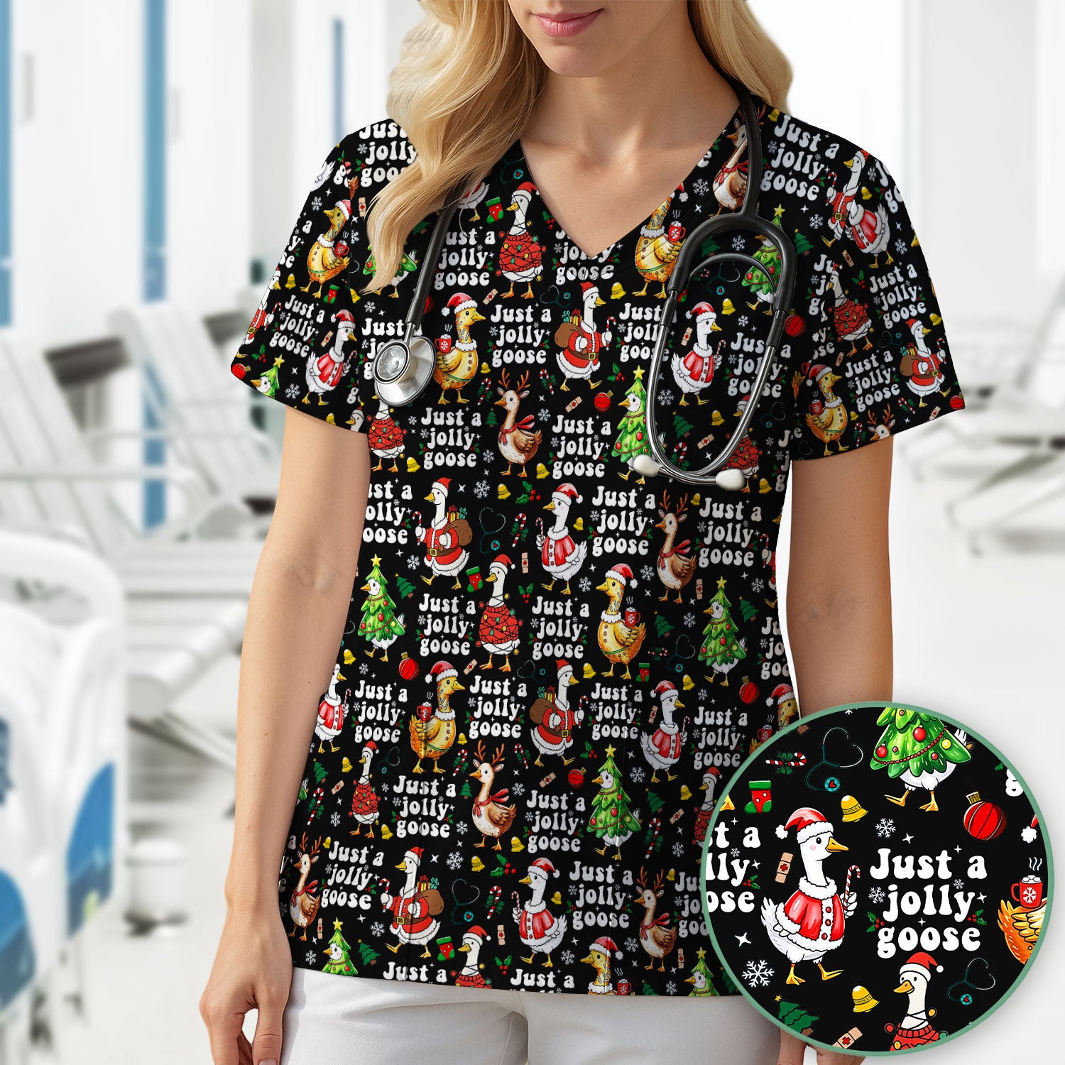 Just a Jolly Goose Funny Christmas Scrub Top - Holiday Medical Uniform for Nurse - Santa Goose Shirt Gift for Women