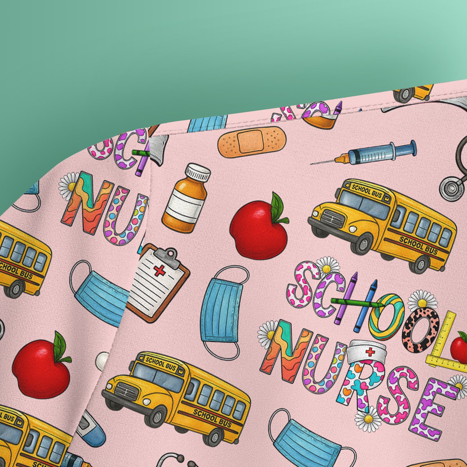 Cute School Nurse Scrub Top - Funny School Bus & Stethoscope Pattern Design - Gift for Women RN LPN