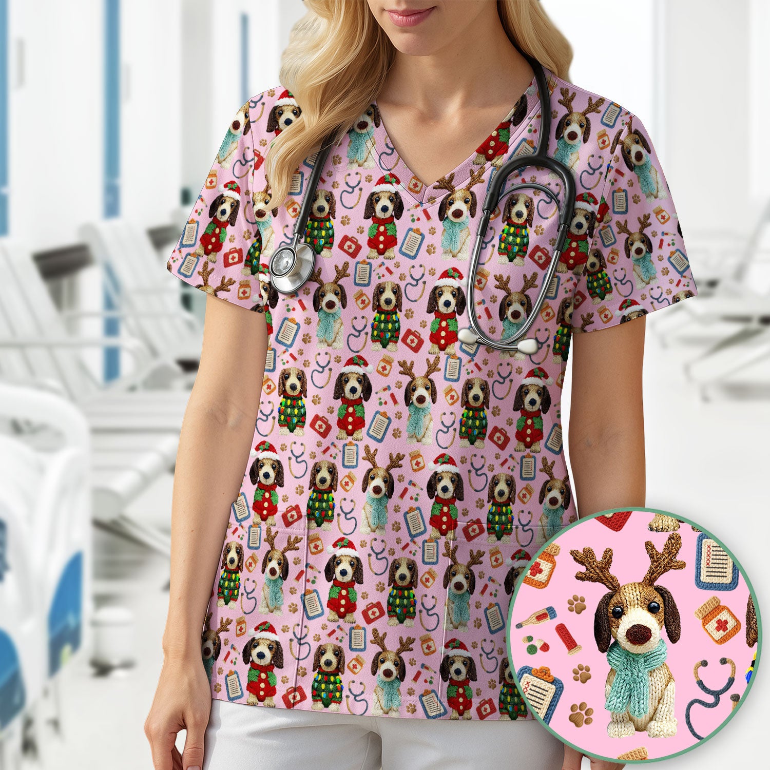 Christmas Doxie Scrubs for Women - Cute Dachshund Christmas Scrub Top for Nurses - Funny Medical Uniform Gift