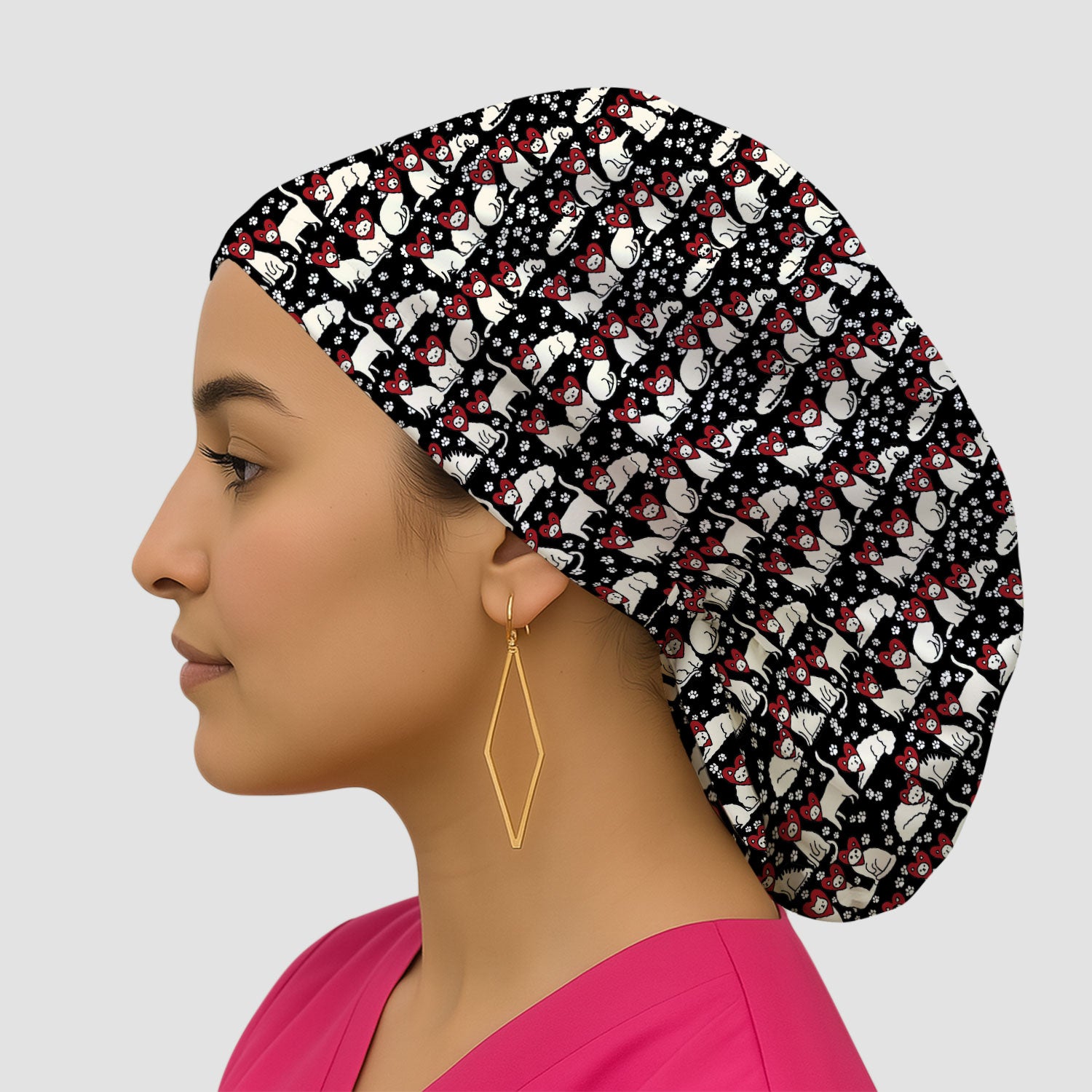 Cute Cat Heart Pattern Scrub Cap, Funny Cat Scrub Hat For Nurses, Breathable Fabrics Nursing Uniform