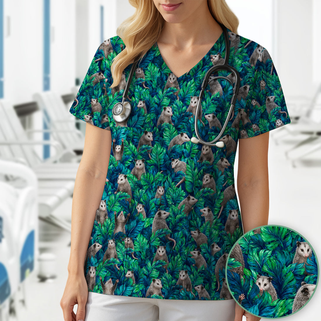 Tropical Opossum Jungle Leaves Pattern Scrub Top, Comfortable Scrubs for Nurses