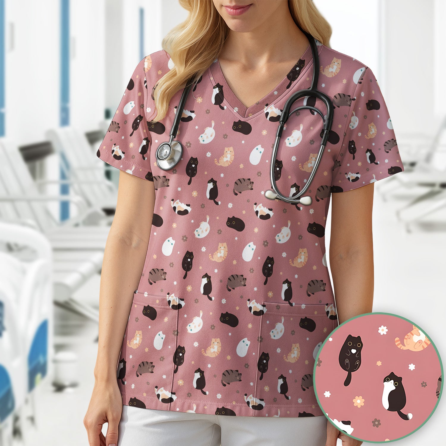 Adorable Kitty Nurse Pattern Scrub Top, Comfortable Scrubs for Nurses