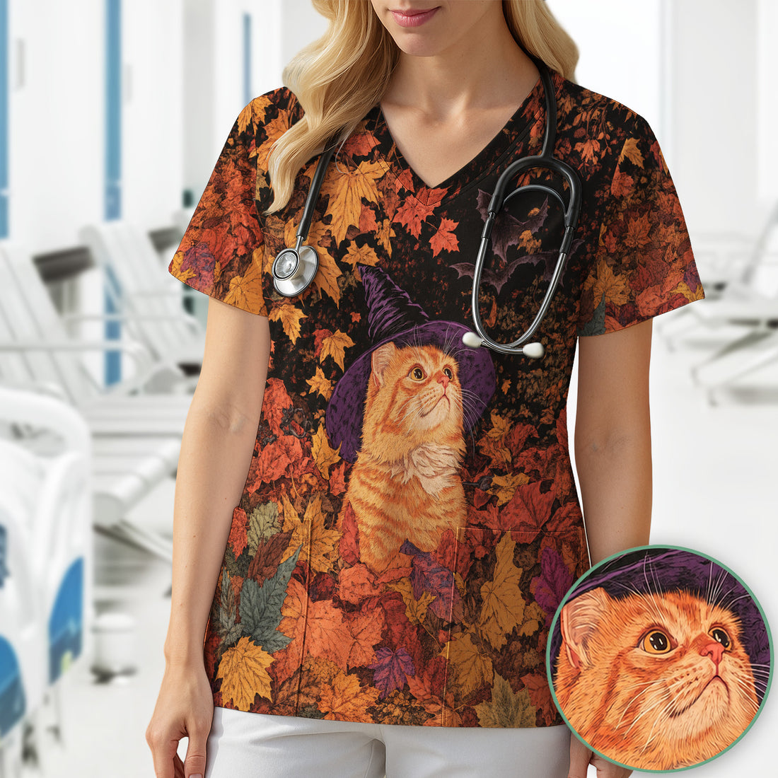 Autumn Cat with Fall Leaves Scrub Top, Comfortable Scrubs for Nurses