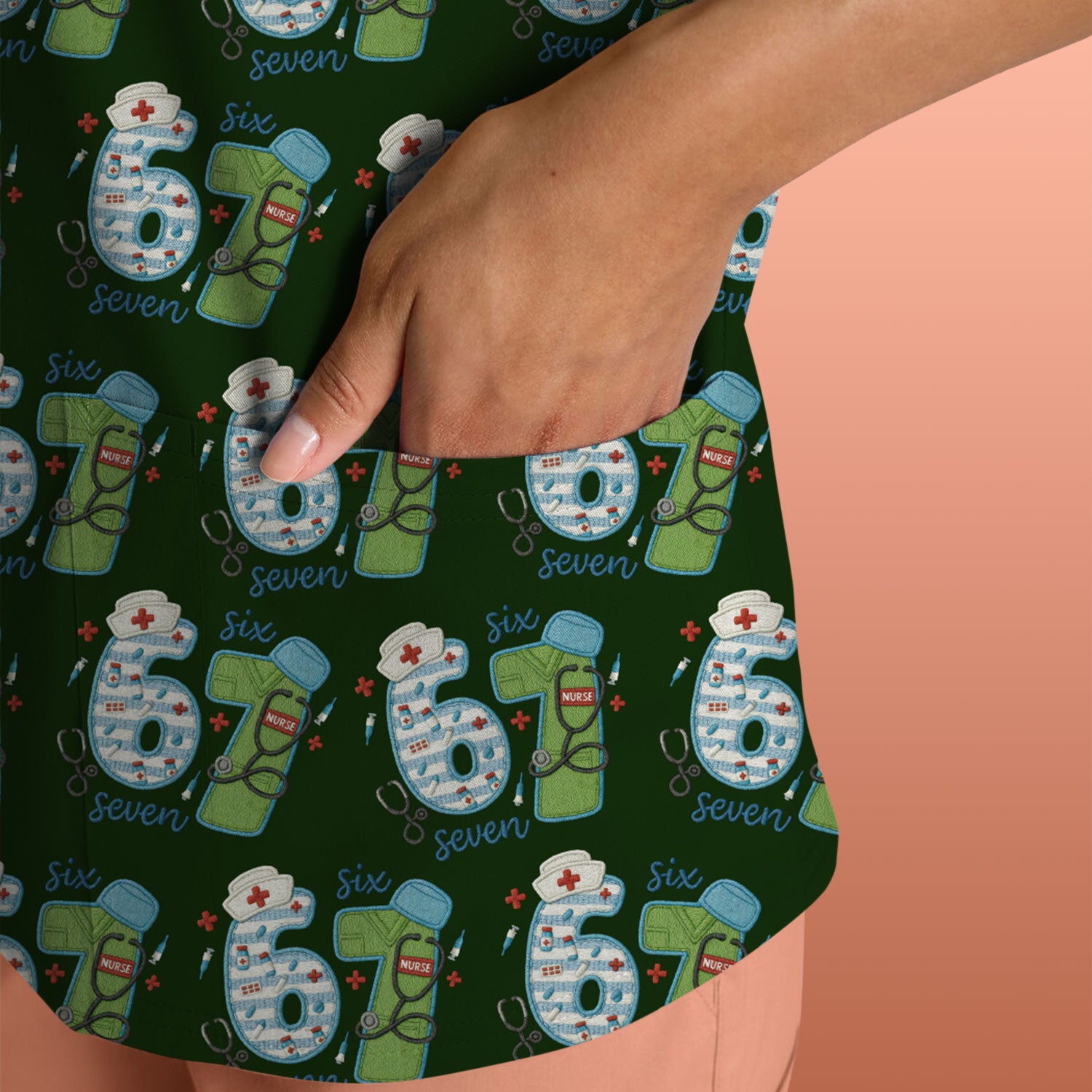 Nurse Six Seven Pattern Scrub Top, Cute Medical Number Print Shirt for Nursing Professionals