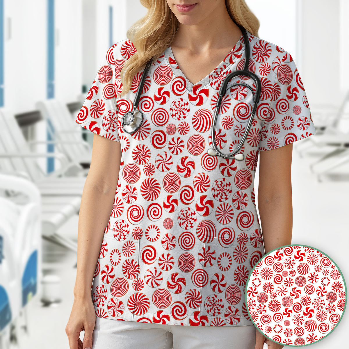 Christmas Peppermint Candy Pattern Scrub Top, Comfortable Scrubs for Nurses