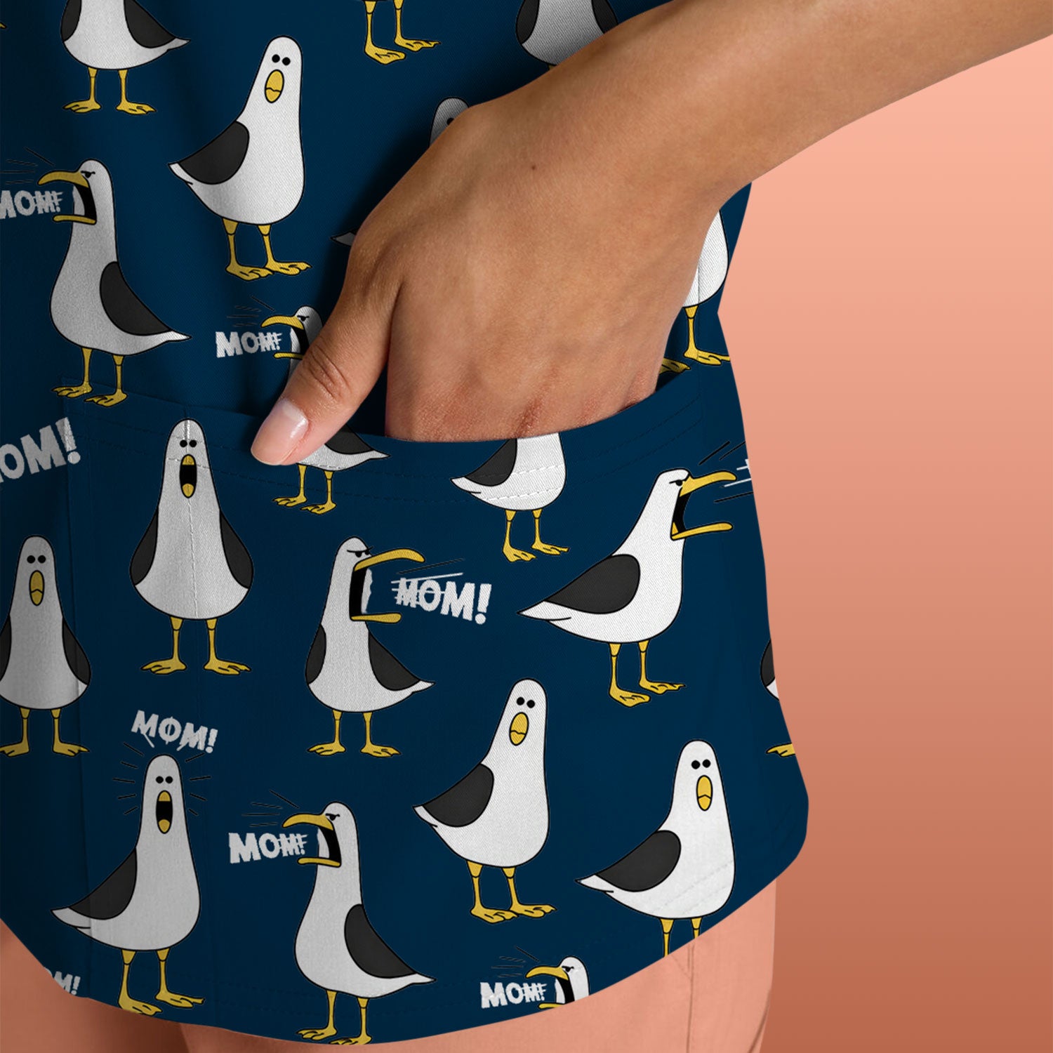 Funny Seagull Mom Seamless Pattern Scrub Top, Comfortable Scrubs for Nurses
