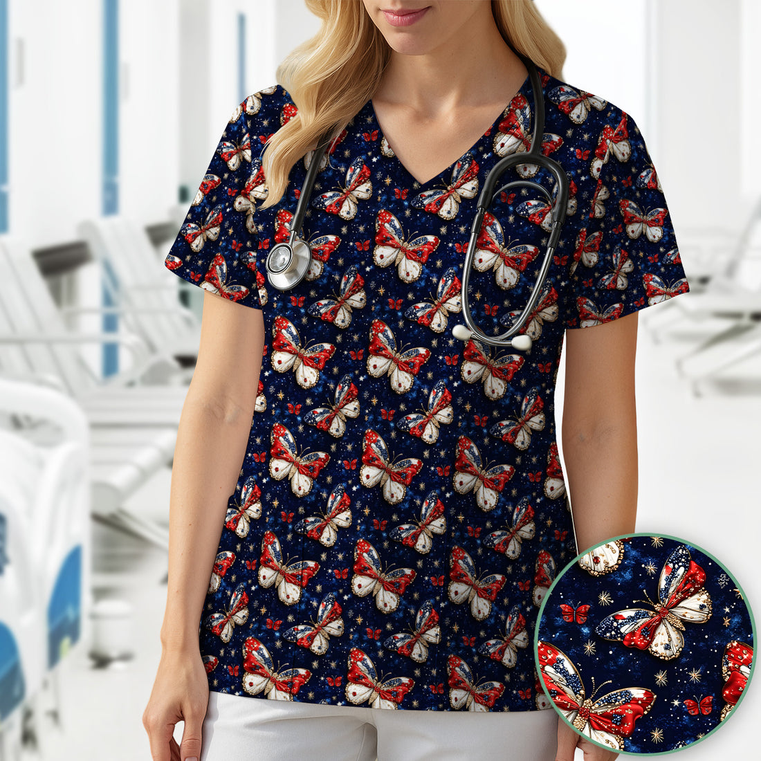 Patriotic Butterfly Nurse for RN & CNA, Americana Stars Healthcare Workers Uniform Scrub Top, Comfortable Scrubs for Nurses