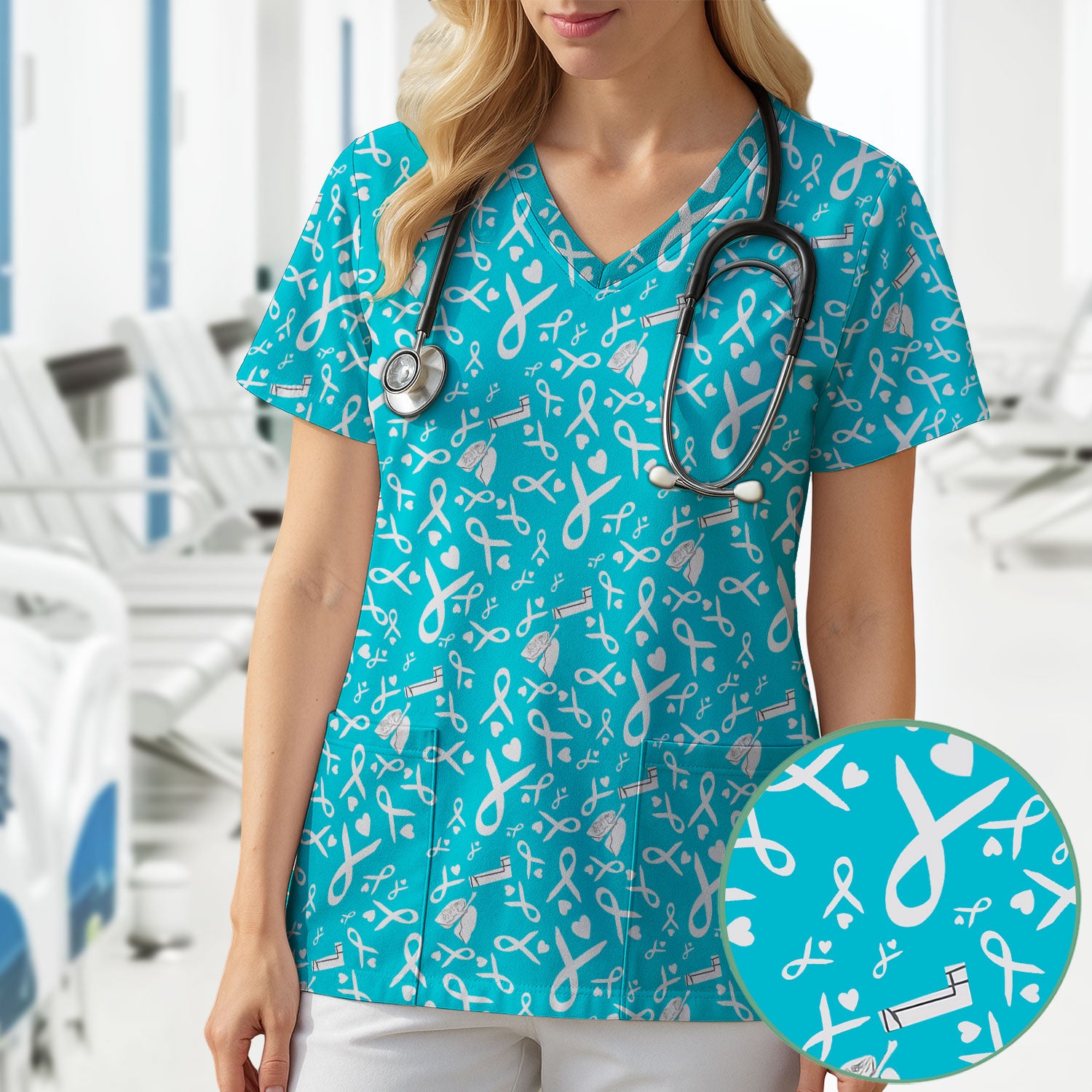 Lung Cancer Awareness Nurse Scrub Top - Gray Ribbon Inhaler & Lungs Pattern - COPD Asthma Medical Uniform Gift for RN LPN CNA