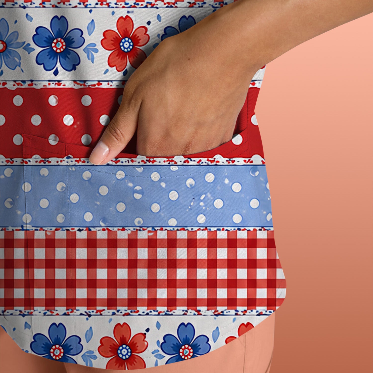Patriotic Gingham Bow Floral Pattern Scrub Top, Comfortable Scrubs for Nurses
