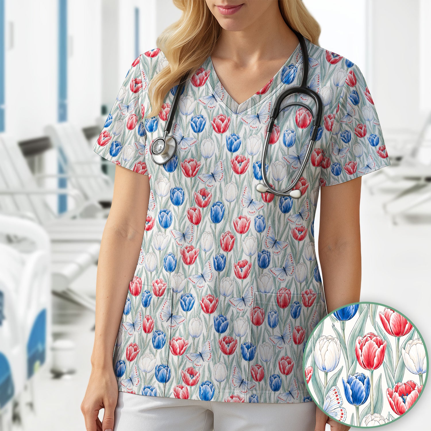 Patriotic Tulip Butterfly Nurse for RN, CNA, Healthcare Workers Scrub Top, Comfortable Scrubs for Nurses