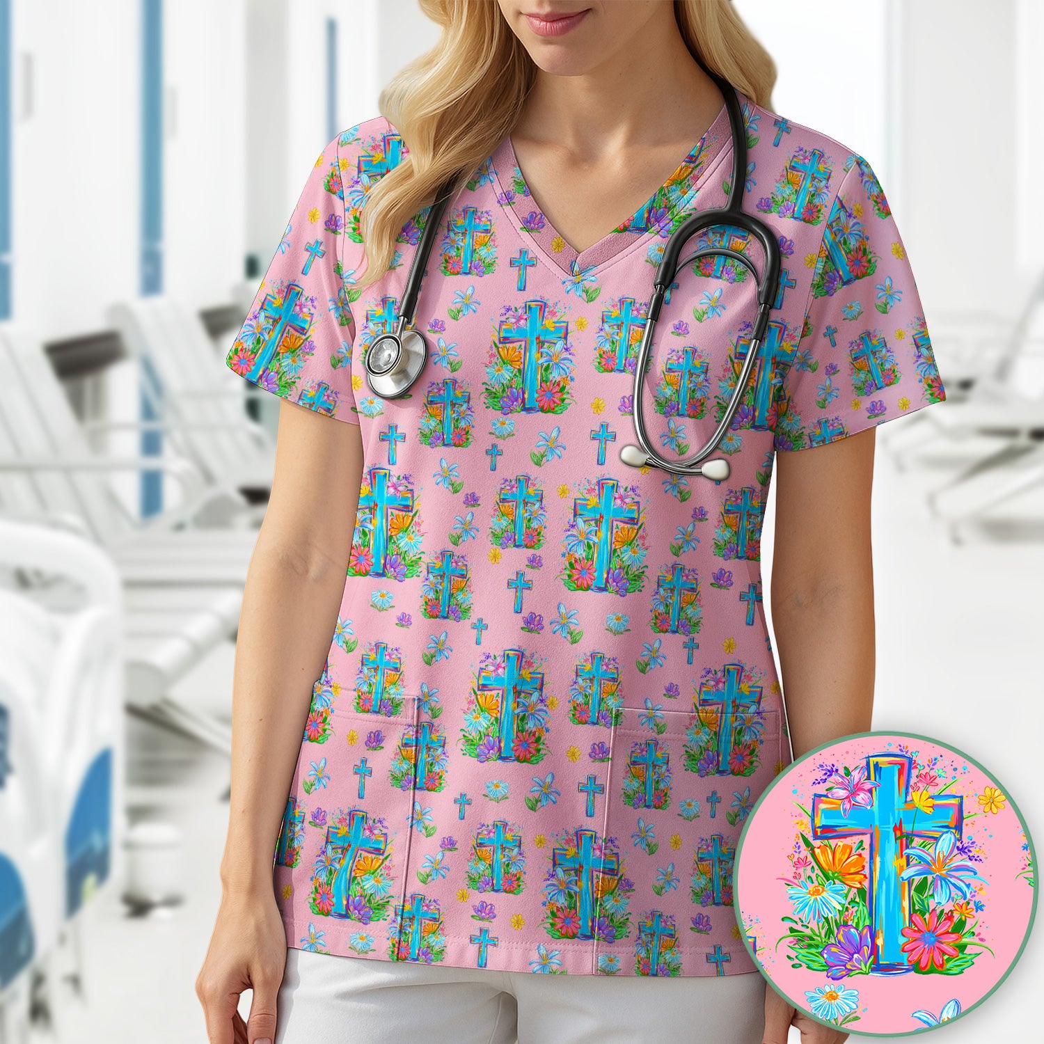 Christian Floral Cross Spring Pattern Scrub Top, Comfortable Scrubs for Nurses