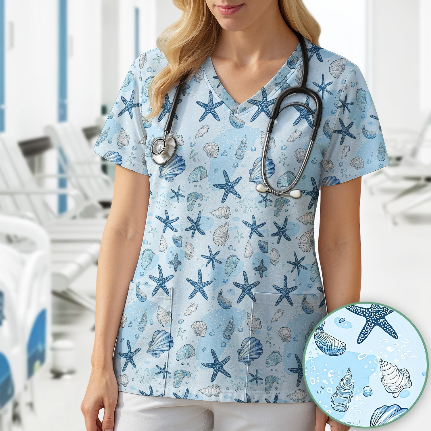 Ocean Shell And Starfish Print Scrub Top, Breathable Fabrics Nursing Uniform