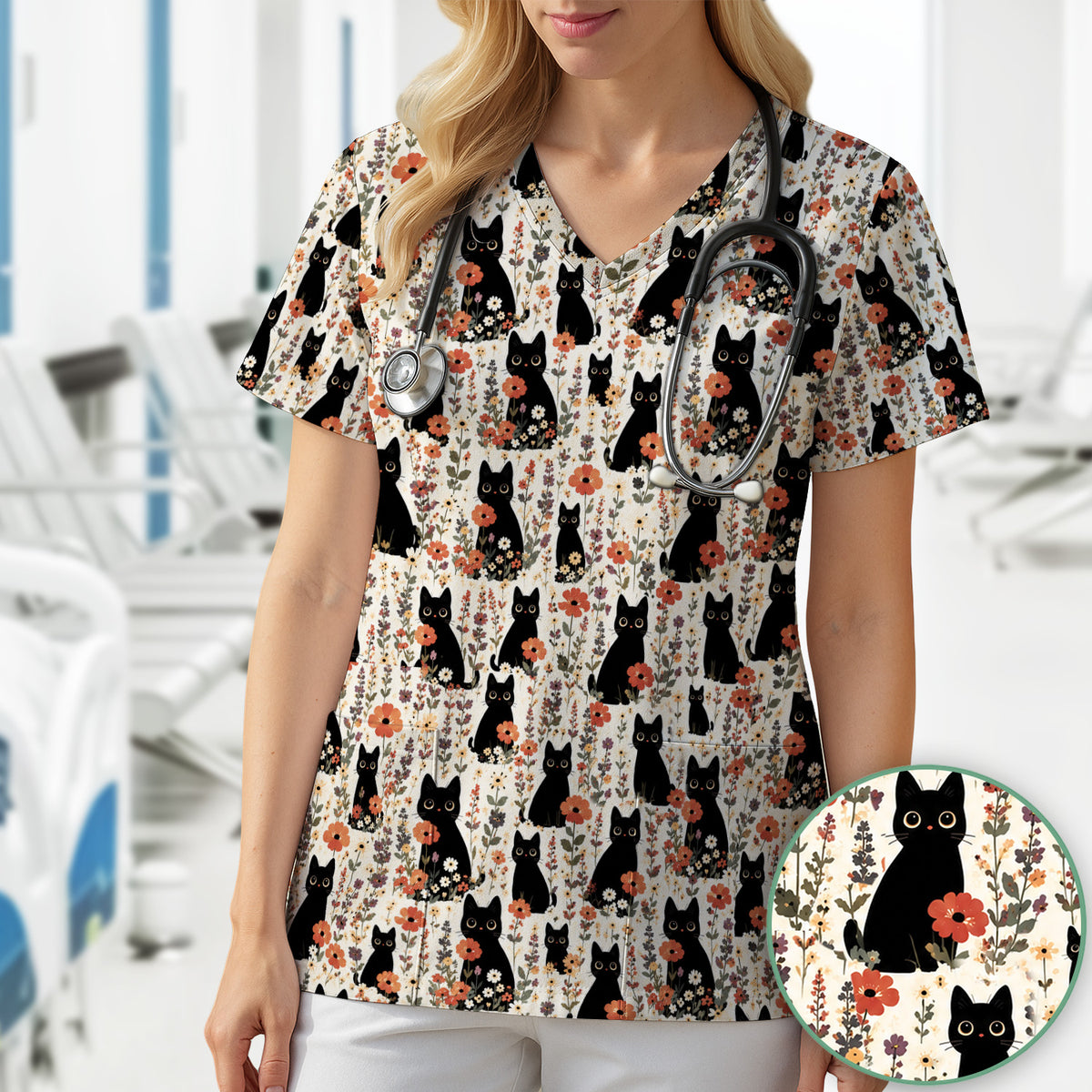Cute Black Cat Wildflower Pattern Scrub Top, Comfortable Scrubs for Nurses