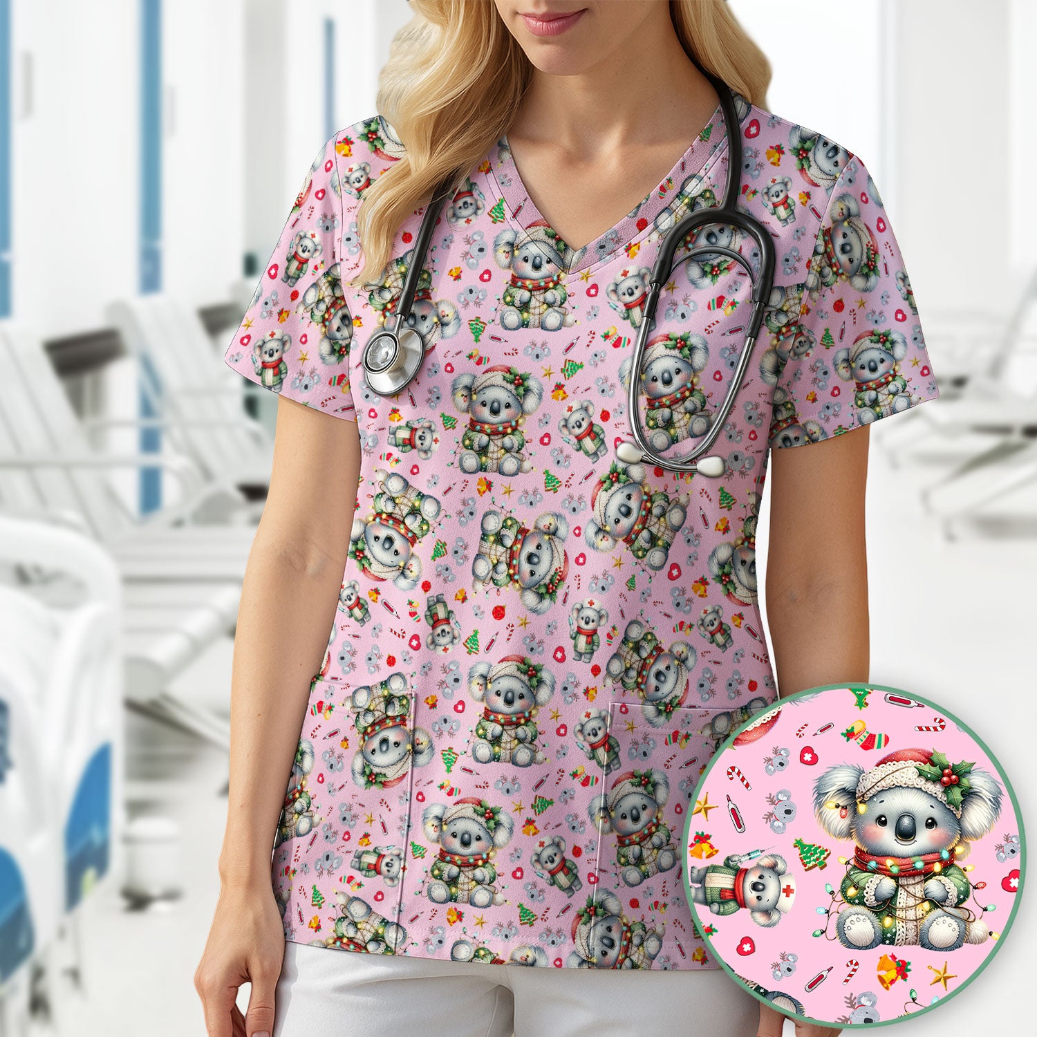 Aussie Koala Nurse Scrub Top - Cute Christmas Medical Uniform - Funny Holiday Animal Scrubs for Women