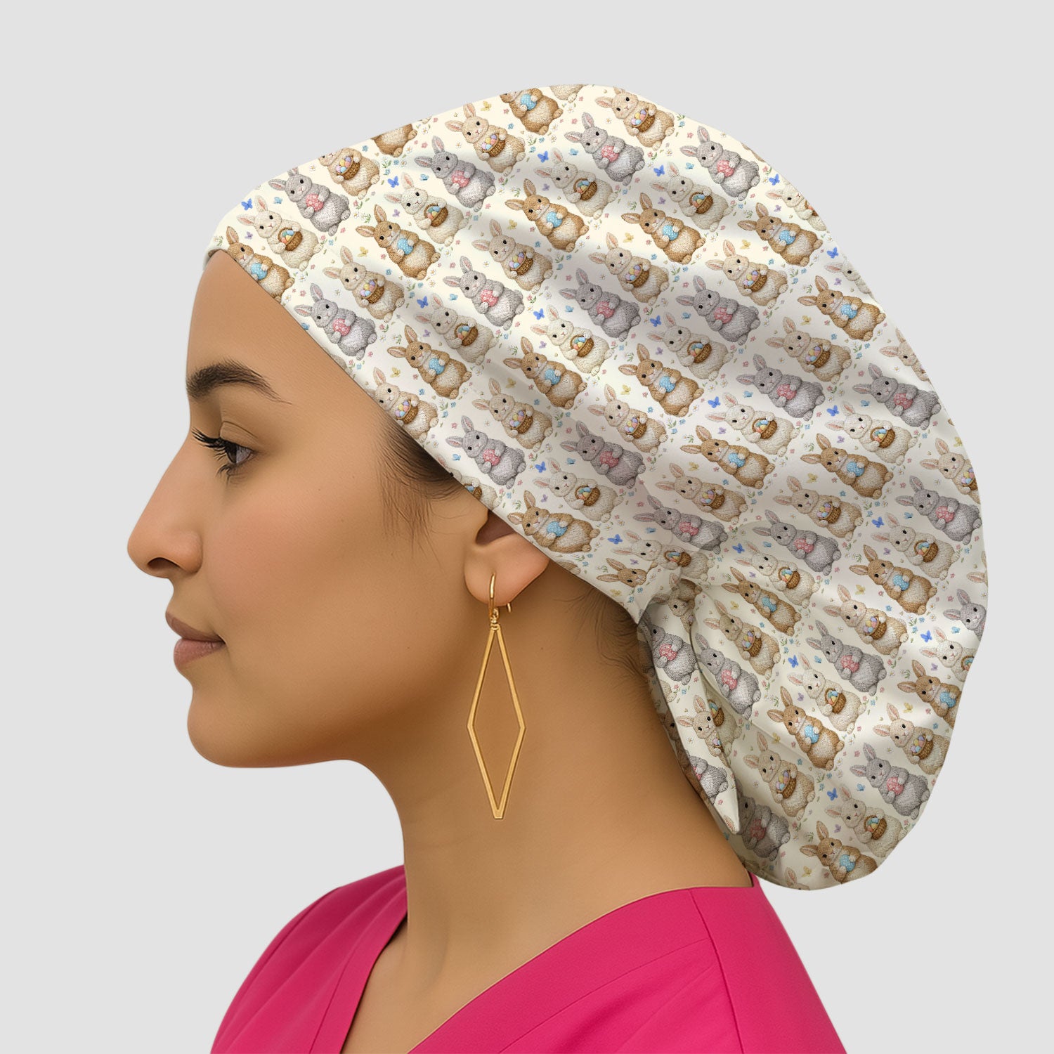 Easter Bunny Basket Pastel Print Caps, Bouffant Scrub Caps for Women