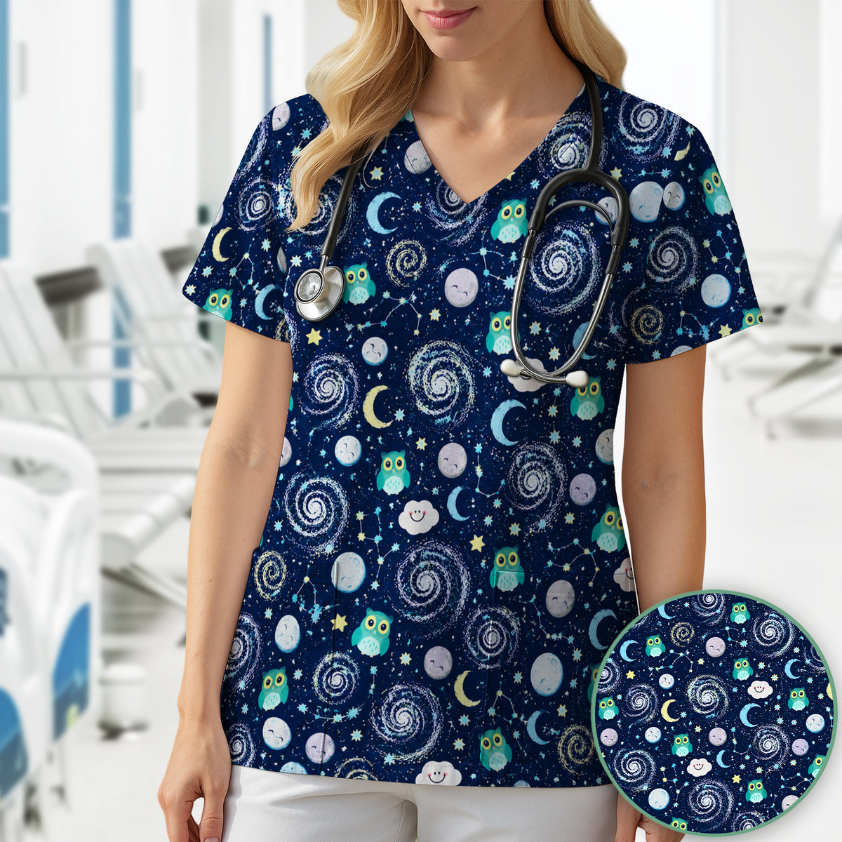 Cute Night Owl Galaxy Pattern Scrub Top, Comfortable Scrubs for Nurses