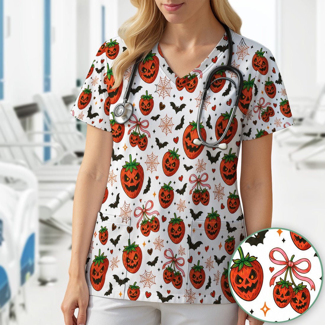 Sweet Halloween Strawberry Jack O Lanterns Scrub Top, Comfortable Scrubs for Nurses