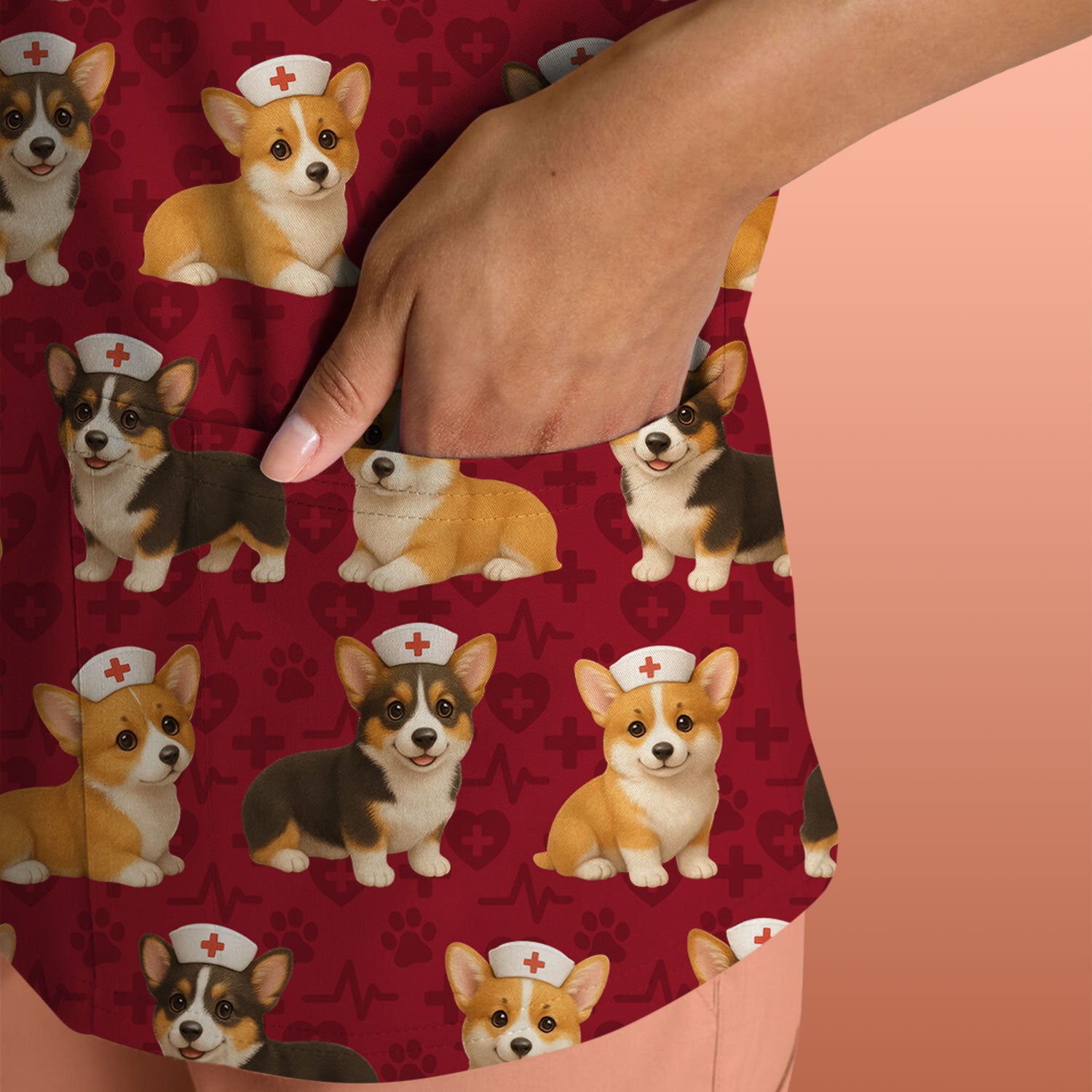 Christmas Corgi Scrubs for Women - Cute Dog Pattern Medical Scrub Top - Festive Holiday Christmas Scrubs with Adorable Corgi Design