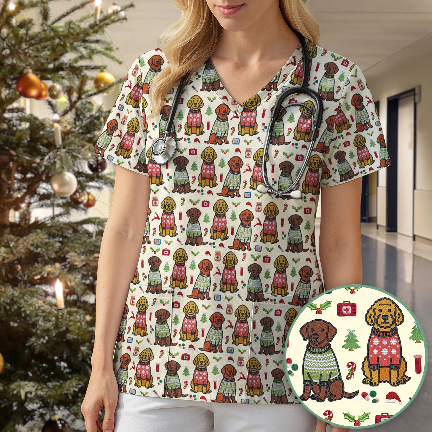Golden Retriever Christmas Scrub Top, Cute Holiday Dog Nurse Pattern Shirt, Breathable Fabrics Nursing Uniform