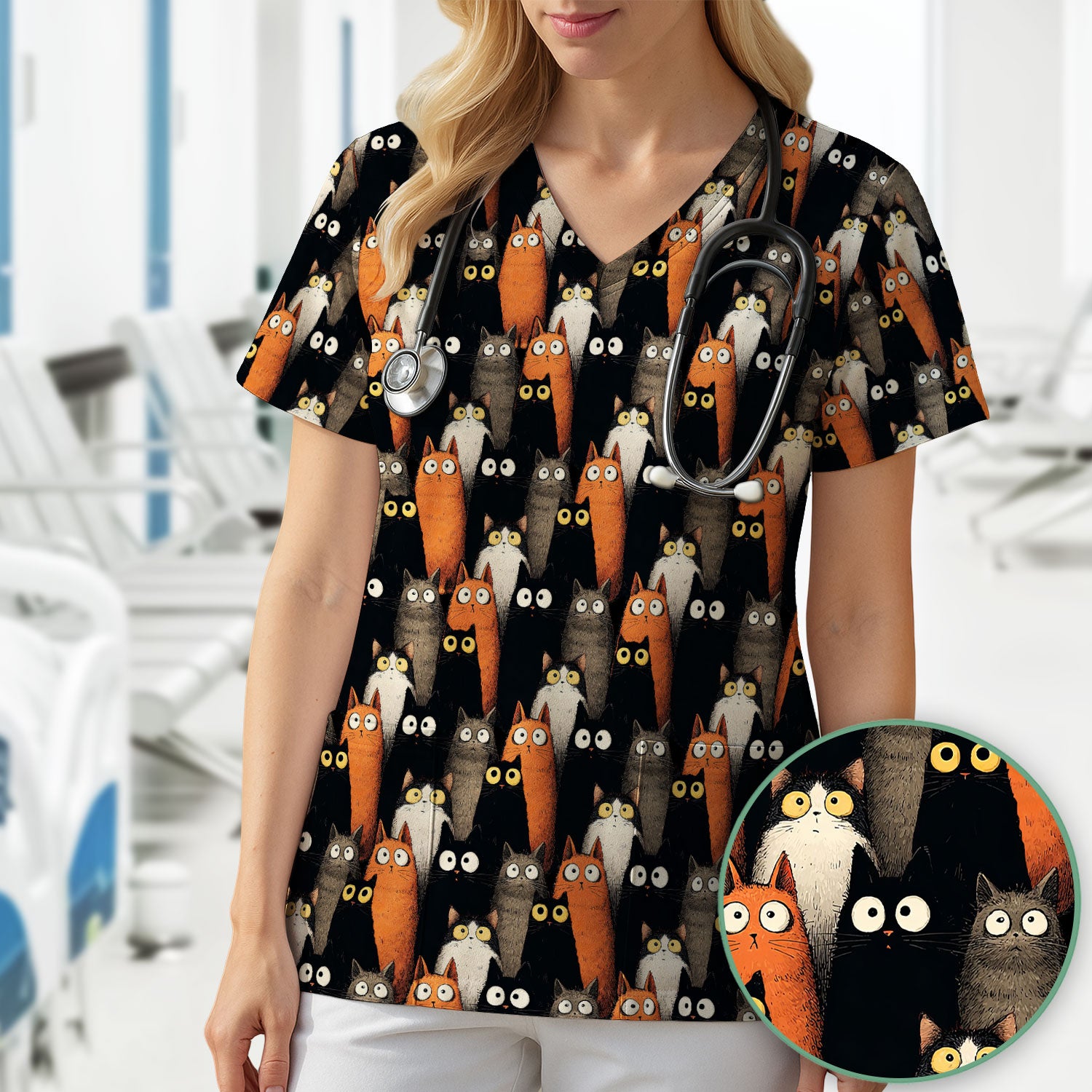 Black Cat Pattern Nurse Scrub Top, Cat Lover Nurse Shirt, Breathable Fabrics Nursing Uniform