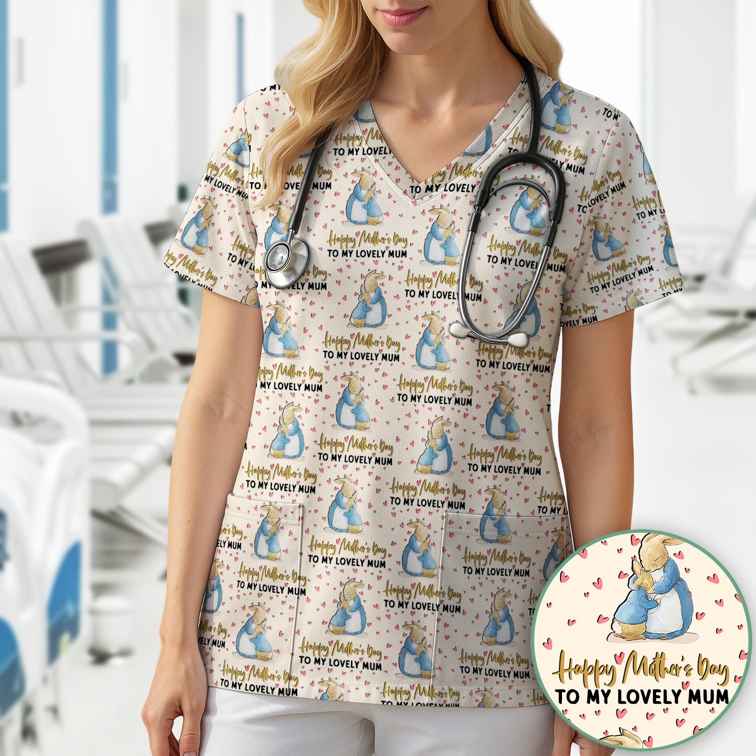 Happy Mothers Day Bunny Love Pattern Scrubs Top, Comfortable Scrubs for Nurses