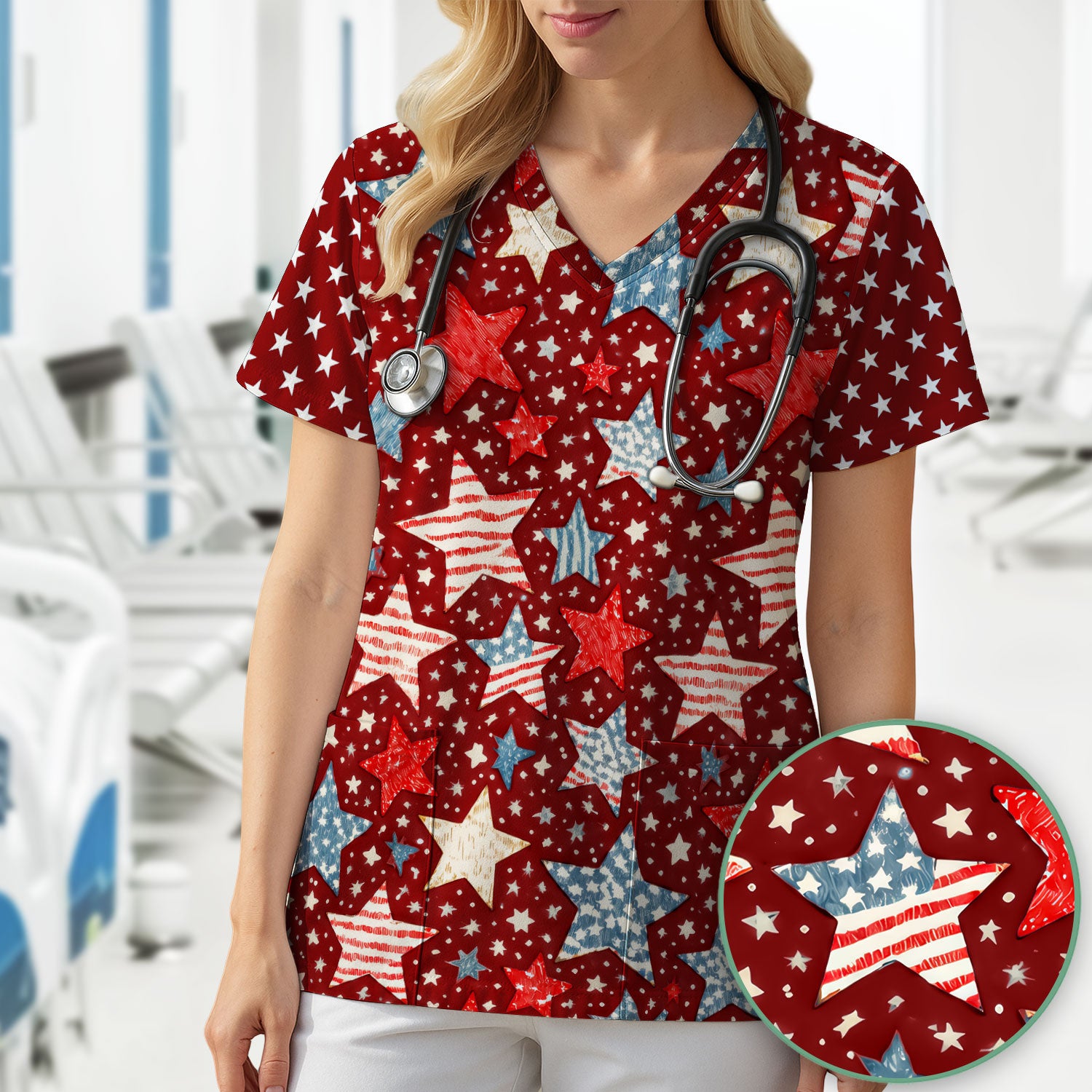 Patriotic Star Pattern Medical Scrub Top, Breathable Fabrics Nursing Uniform