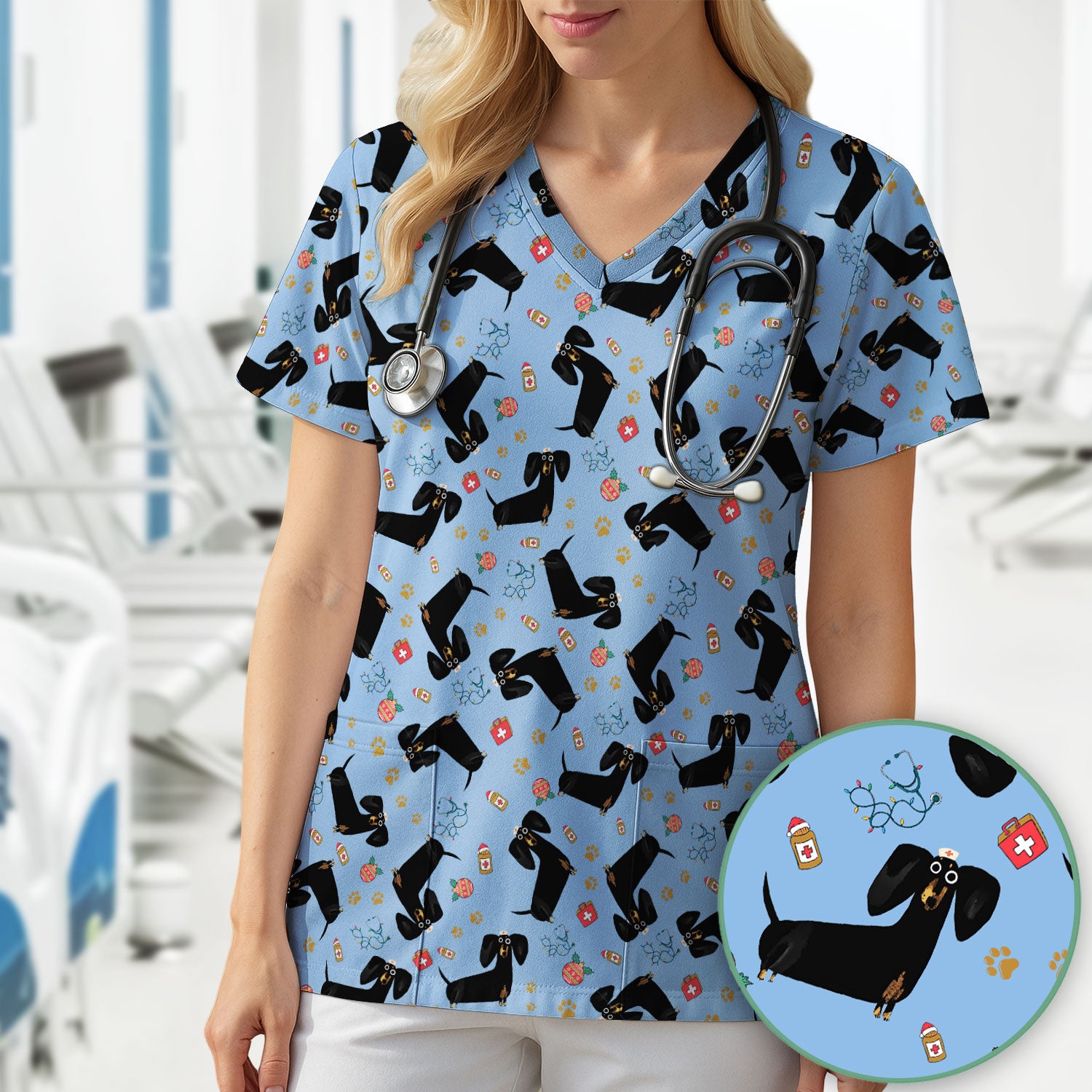 Funny Black Dachshund Scrub Top for Nurses - Cute Wiener Dog Medical Shirt - Puppy Lover Nursing Gift for Women