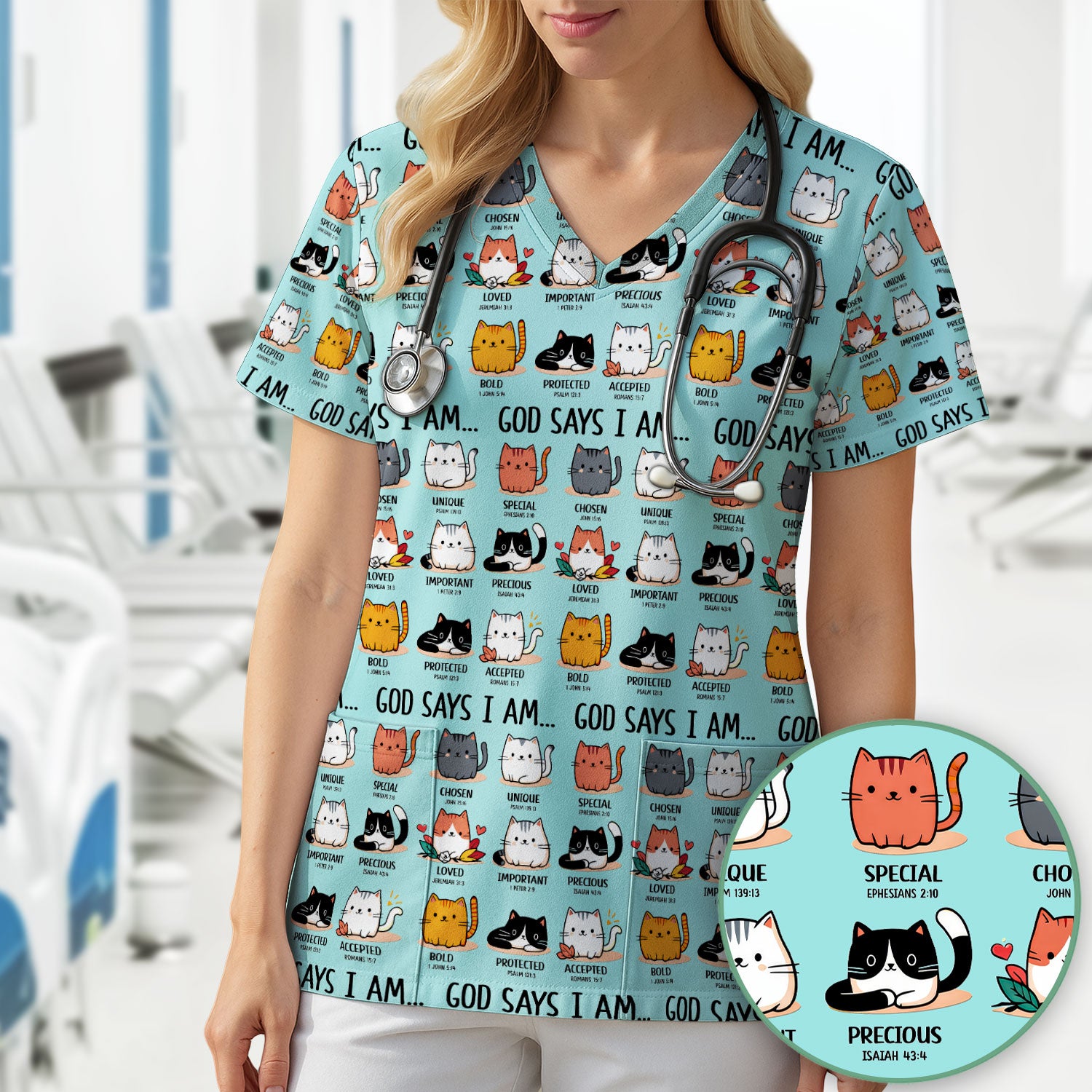 Cute Christian Cat God Says I Am Scrub Top, Comfortable Scrubs for Nurses