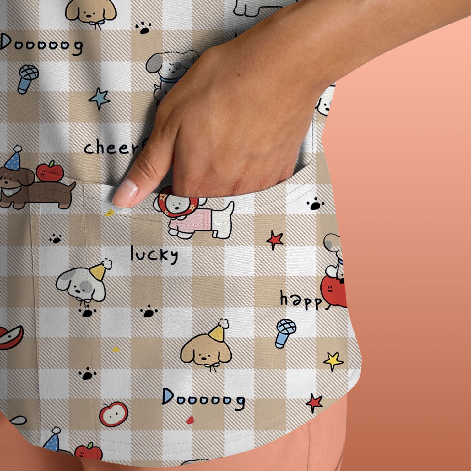 Cute Nurse Cartoon Puppy Apple Gingham Scrub Top, Breathable Fabrics Nursing Uniform