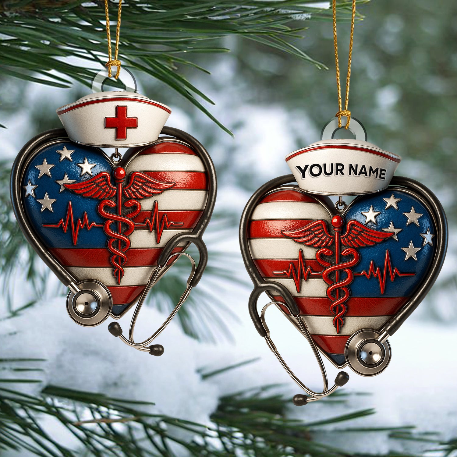 Personalized Nurse Heart Ornament, Custom Name USA Flag Medical Ornament, Healthcare Worker Christmas Tree Decor, Nurse & Doctor Holiday Gift