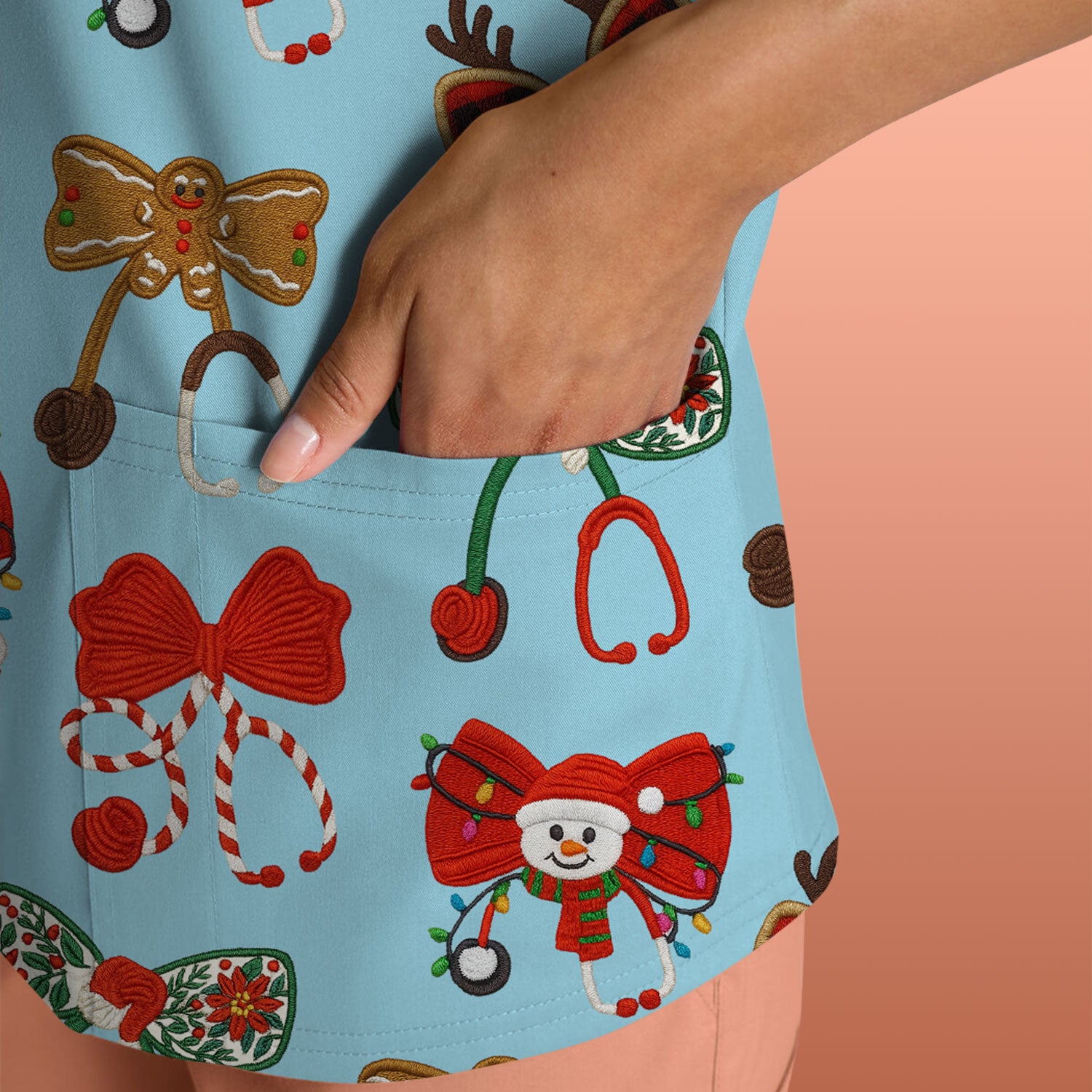 Christmas Stethoscope Bow Nurse Scrub Top, Xmas Pattern Scrub Shirt, Holiday Nursing Uniform