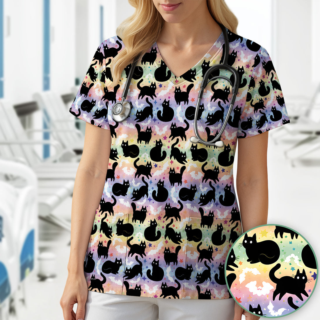 Pastel Star Black Cat Pattern Scrub Top for RN, CNA, Cat Lover Uniform