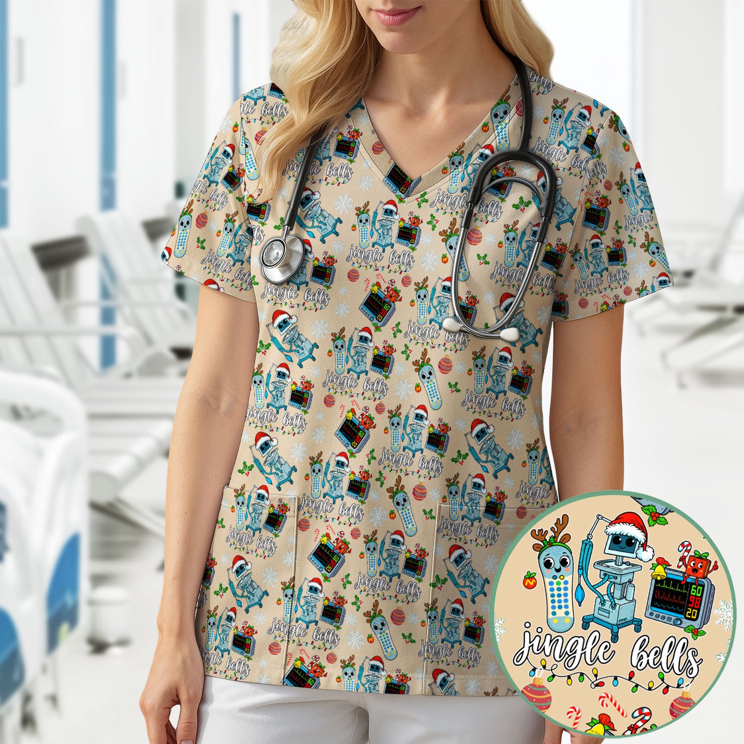 Funny Jingle Bells Holiday Scrub Top - Funny Christmas Scrubs for Nurses - Breathable Fabrics Nursing Uniform