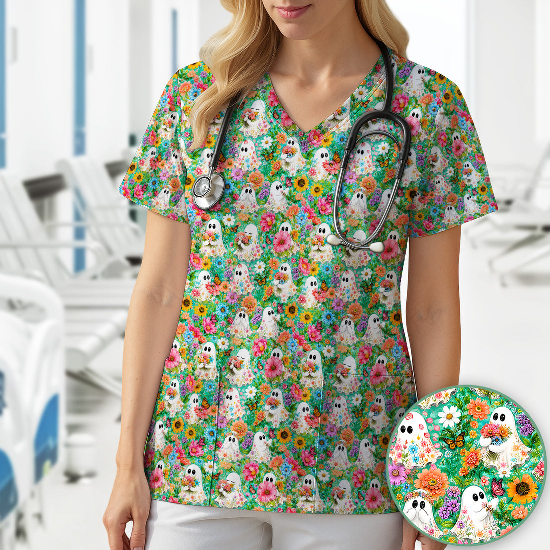 Cute Halloween Floral Ghosts Scrub Top, Comfortable Scrubs for Nurses