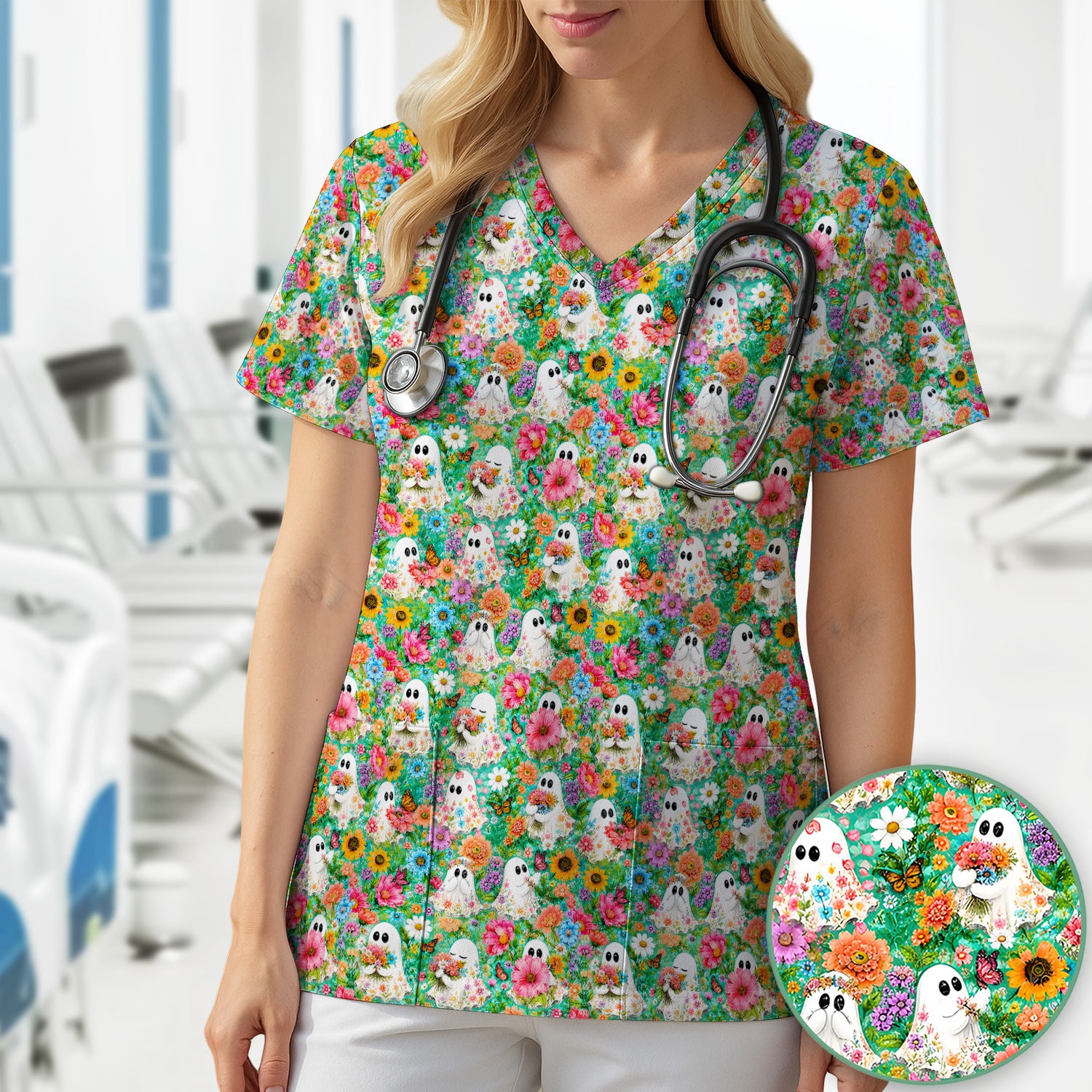 Cute Halloween Floral Ghosts Scrub Top, Comfortable Scrubs for Nurses