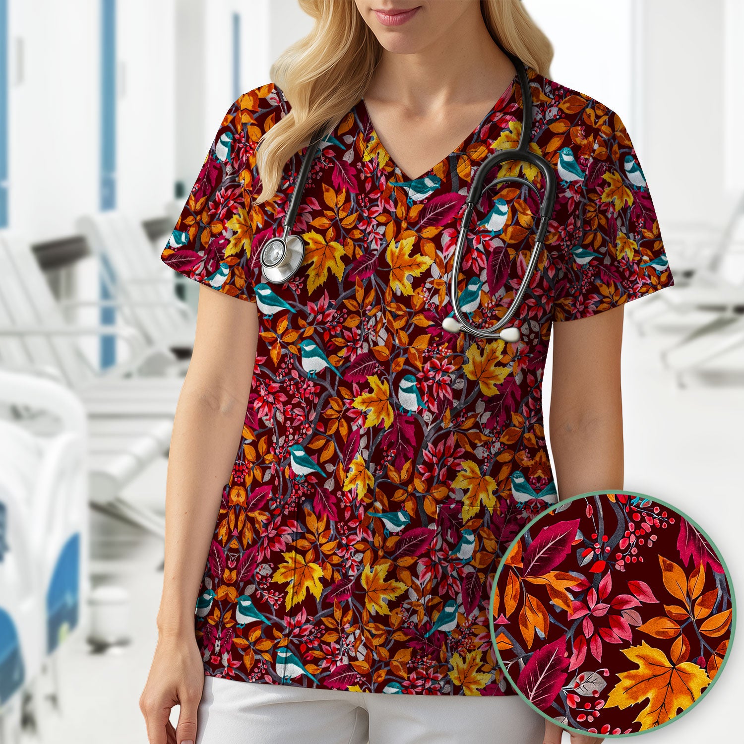 Autumn Leaves Blue Bird Pattern Print Scrub Top, Breathable Fabrics Nursing Uniform