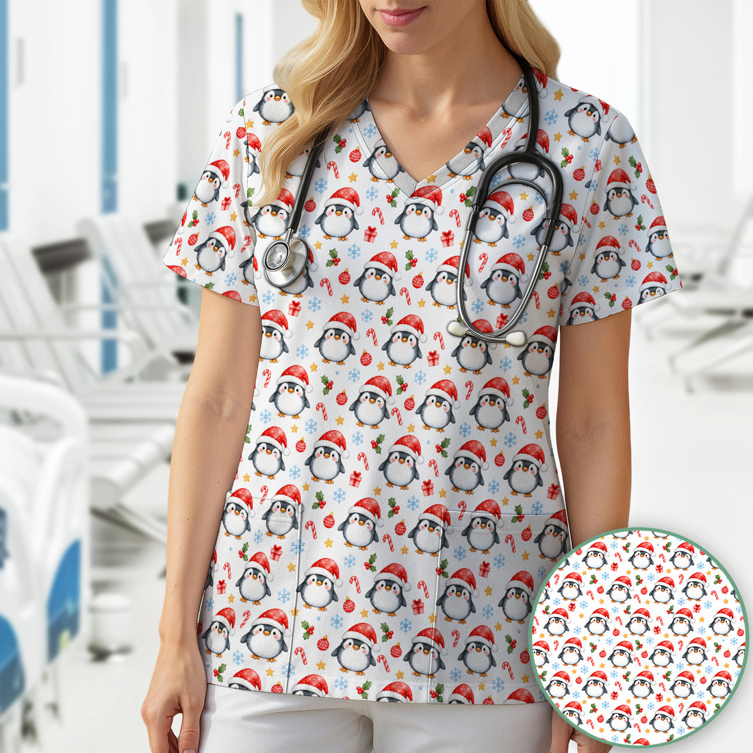 Christmas Penguins In Santa Hats Scrub Top, Comfortable Scrubs for Nurses