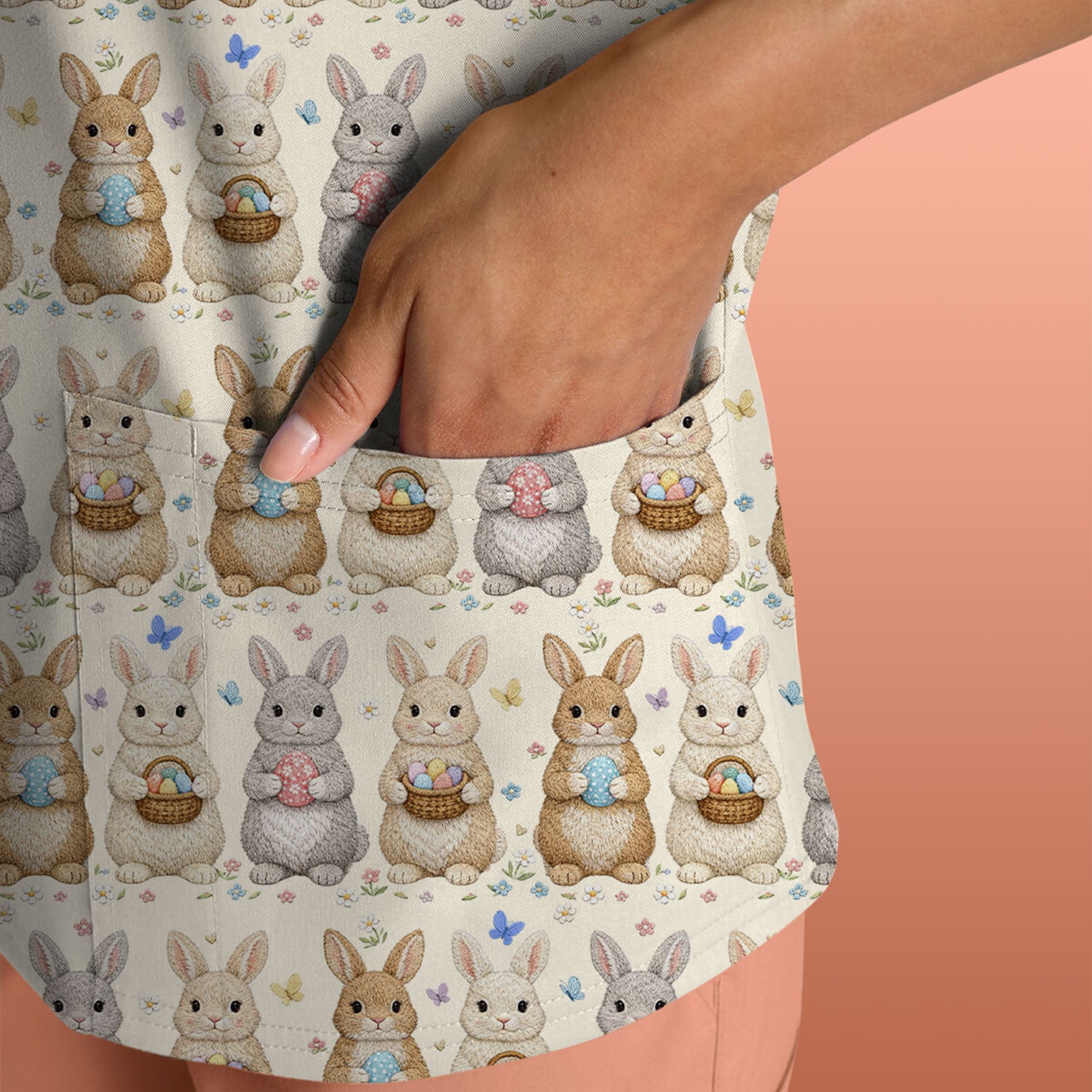 Easter Bunny Basket Pastel Print Scrubs Nurses, Breathable Fabrics Nursing Uniform