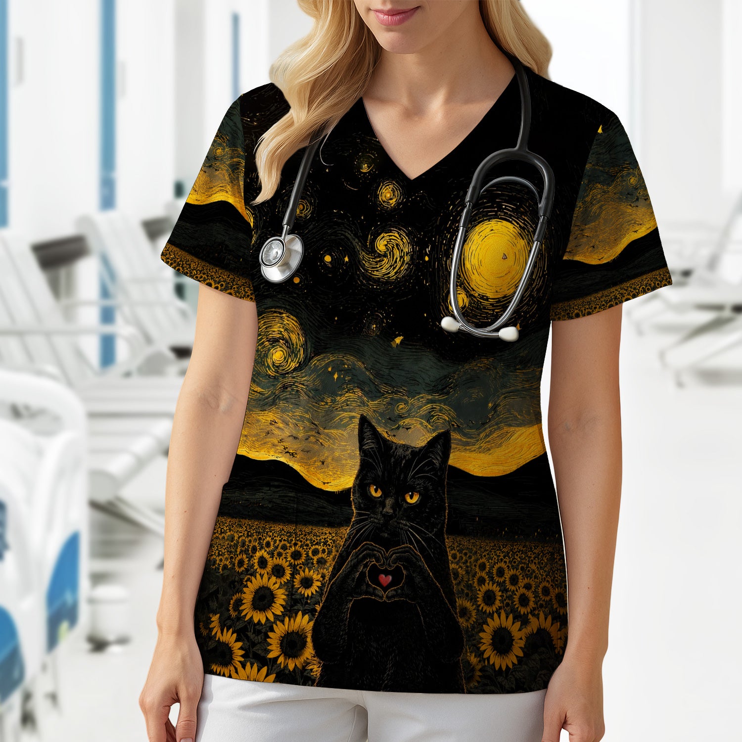 Cute Black Cat Sunflower Night Pattern Scrub Top, Comfortable Scrubs for Nurses