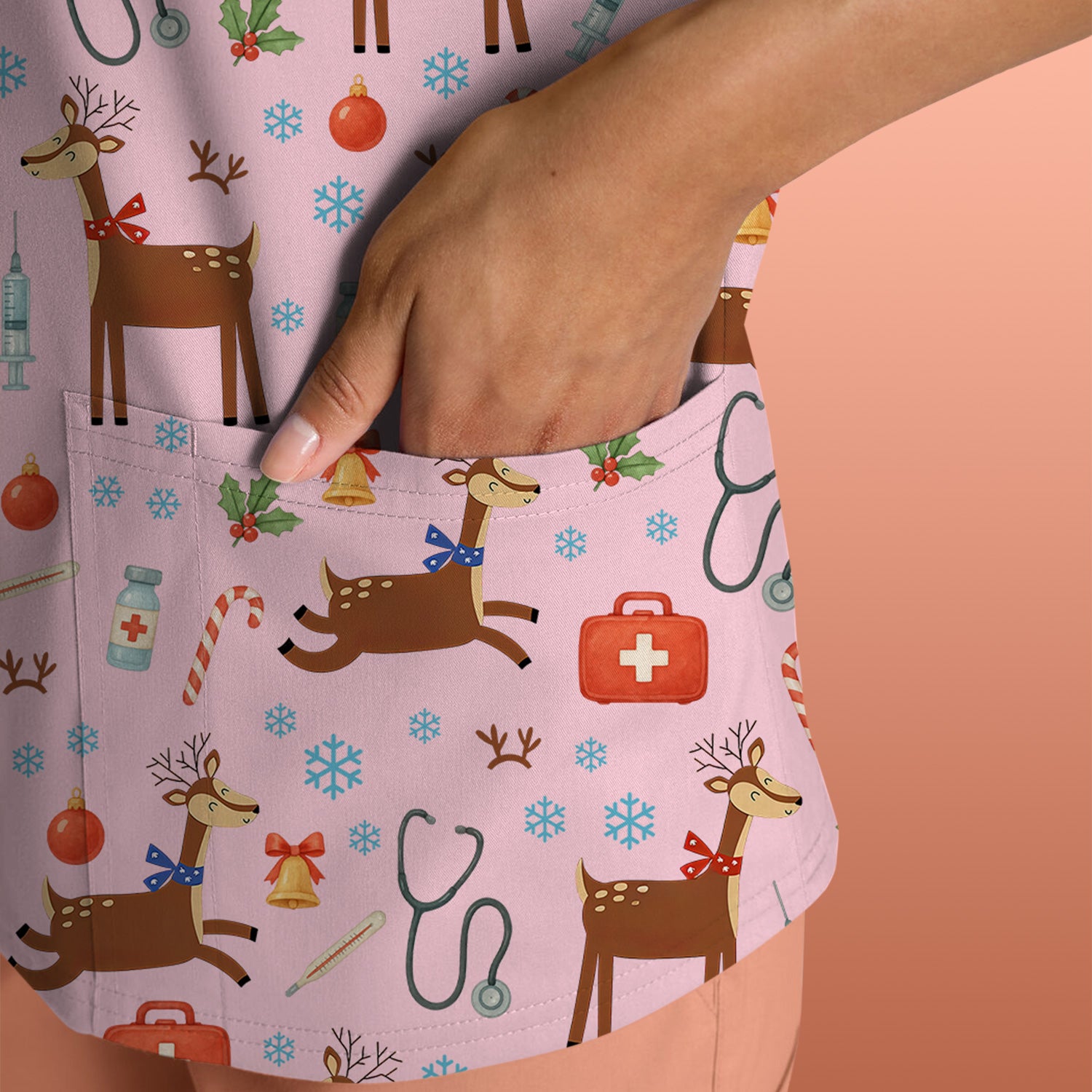 Reindeer Christmas Scrub Top - Snowflakes Candy Canes Holiday Medical Shirt - Xmas Scrubs for Women RN CNA LPN