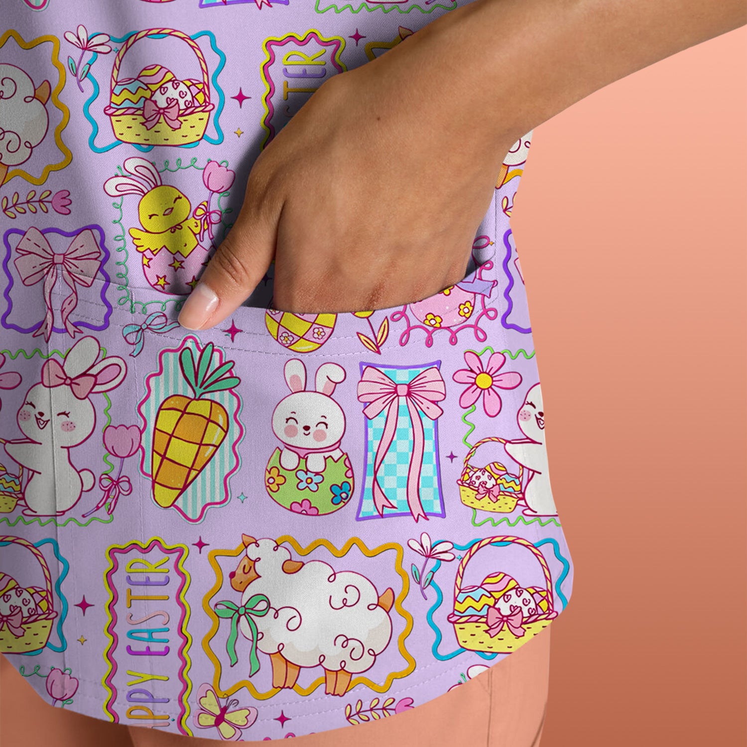 Cute Easter Bunny Egg and Bow Print Scrub Top, Breathable Fabrics Nursing Uniform